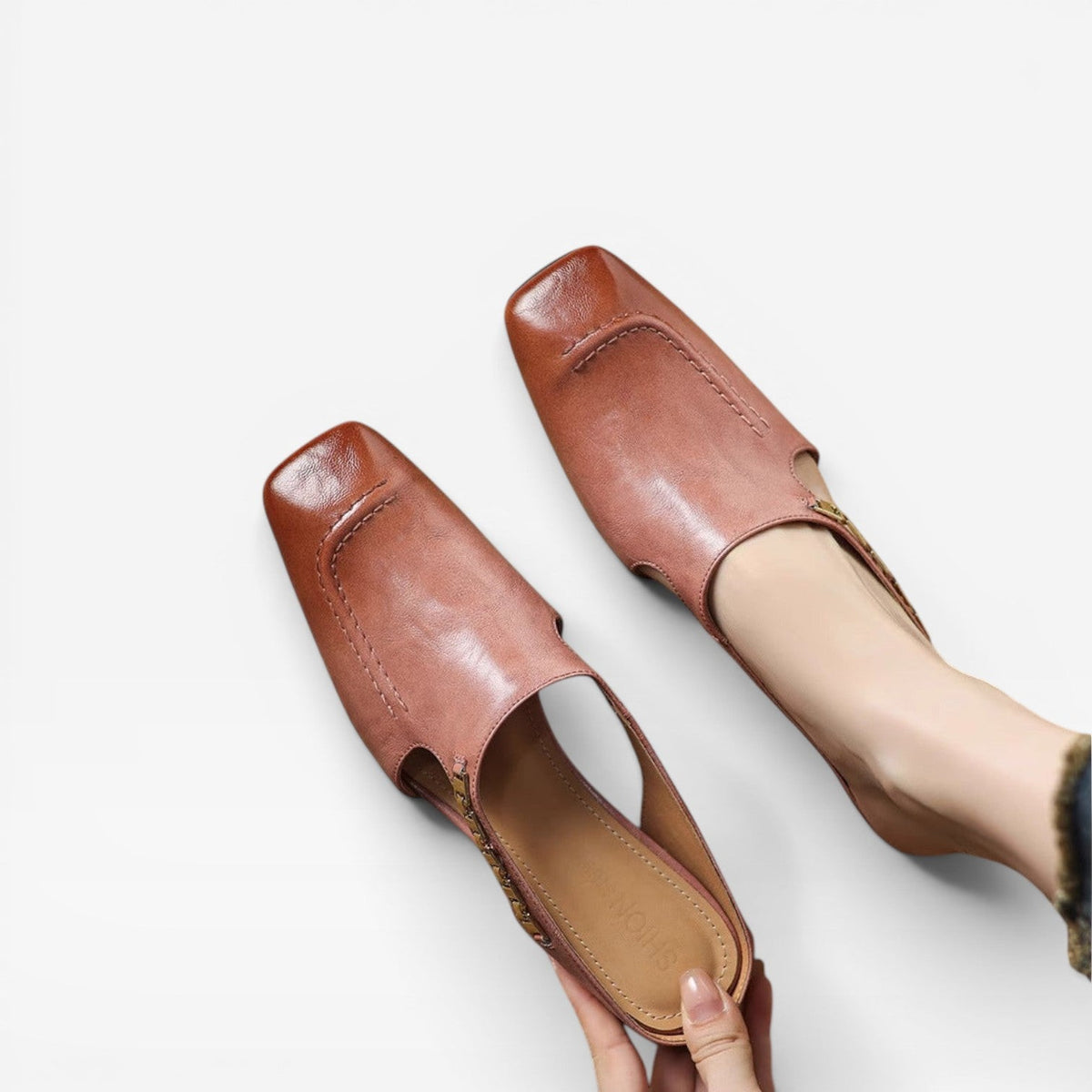 Square Toe Leather Mules, Gold Chain Low Heel Slip On