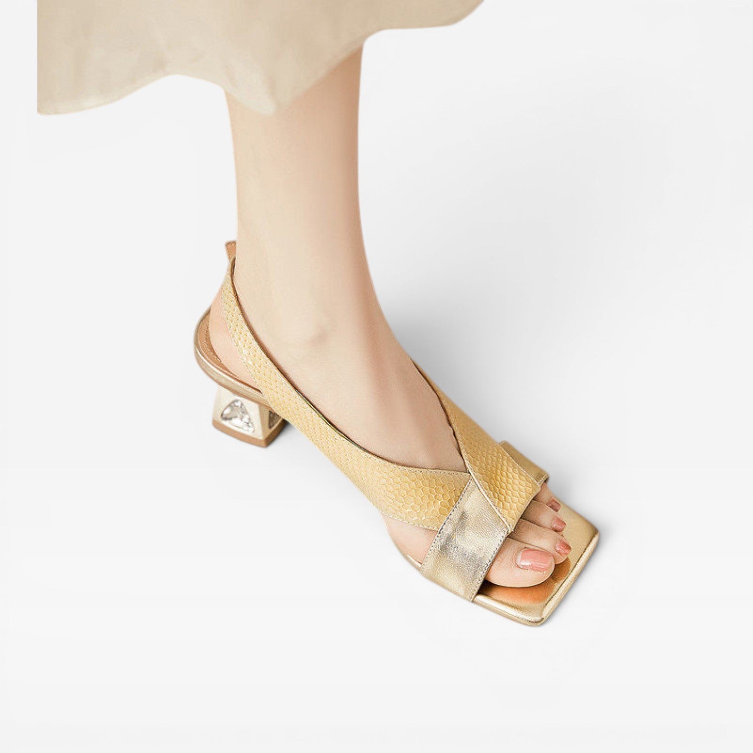 Sculpted Crystal Heel Leather Sandals, Slingback Pumps