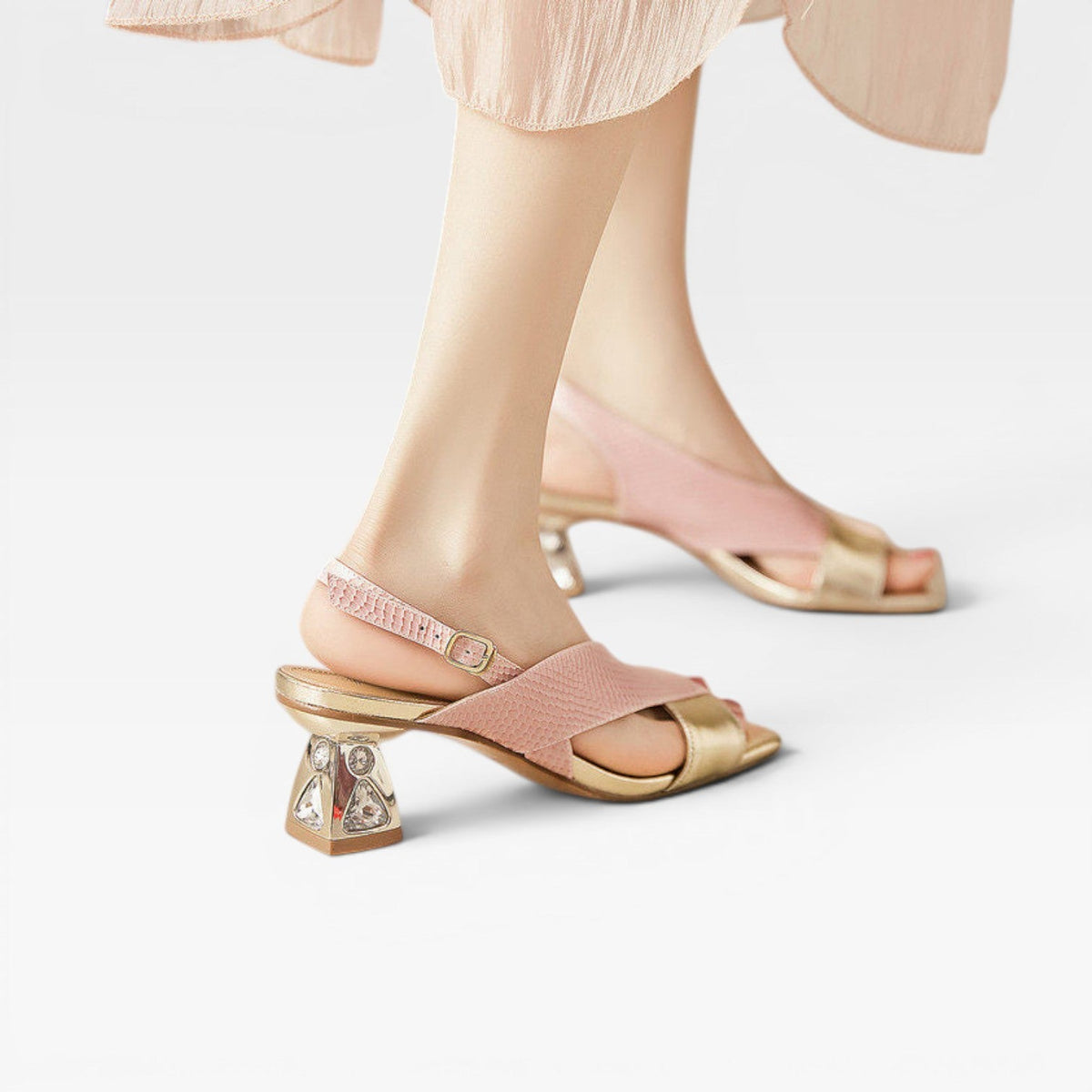 Sculpted Crystal Heel Leather Sandals, Slingback Pumps
