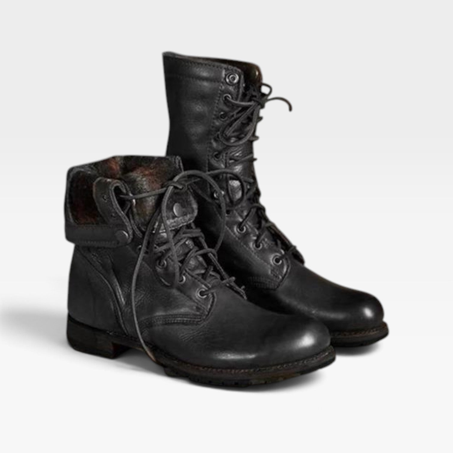 Leather Look Lace-Up Combat Boots, Low Block Rubber Sole