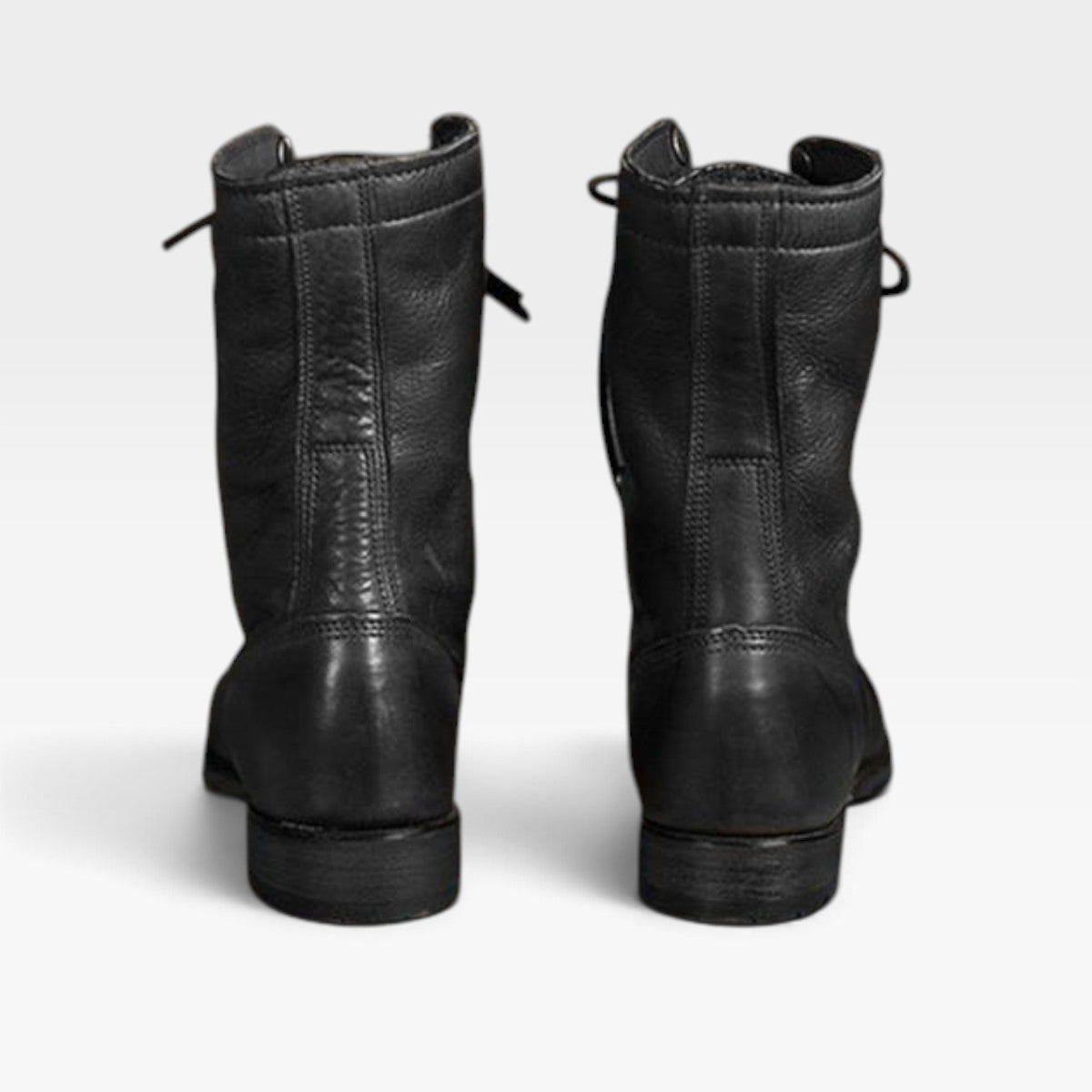 Leather Look Lace-Up Combat Boots, Low Block Rubber Sole