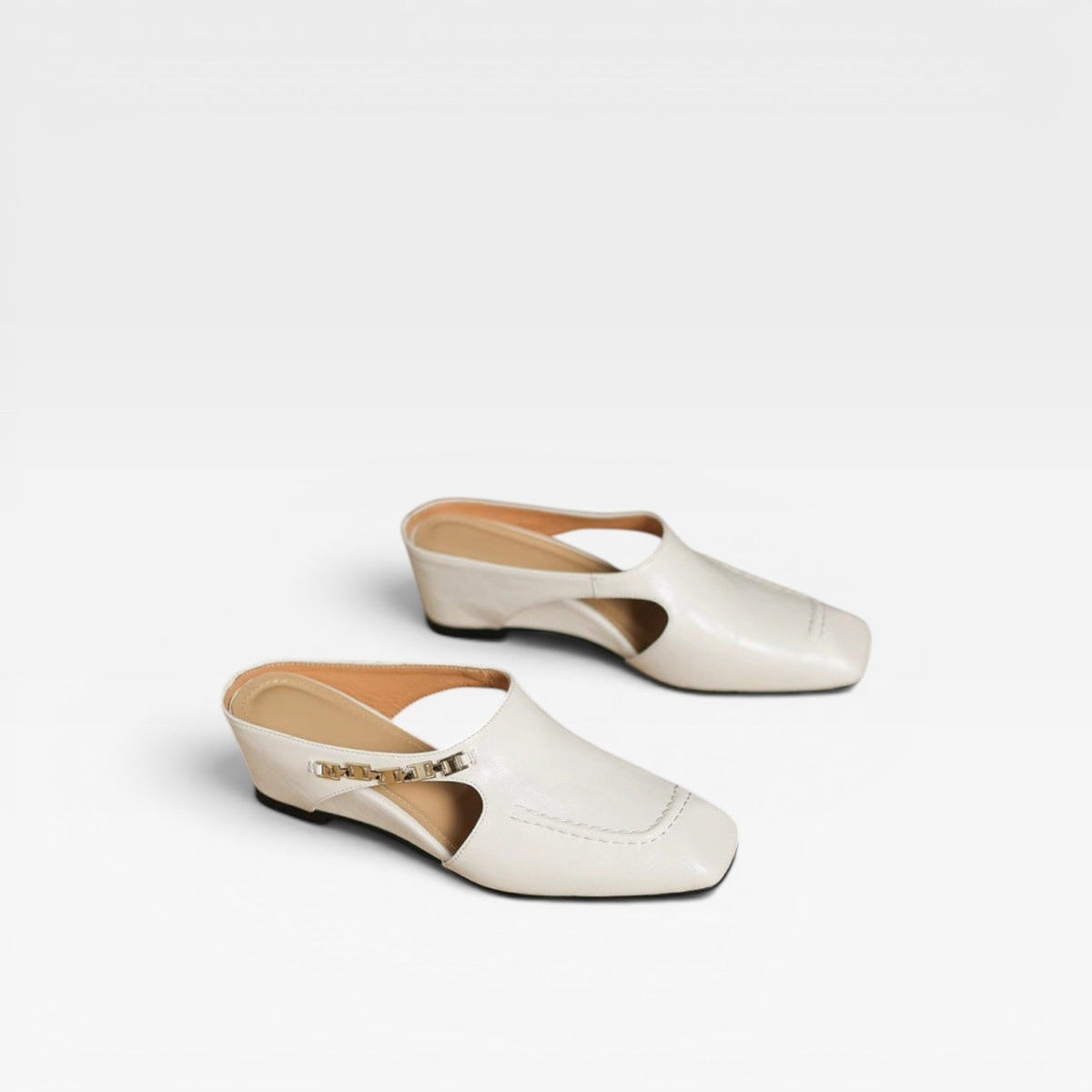 Square Toe Leather Mules, Gold Chain Low Heel Slip On
