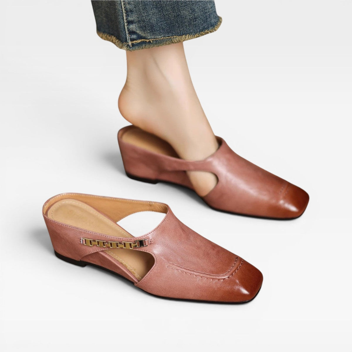 Square Toe Leather Mules, Gold Chain Low Heel Slip On