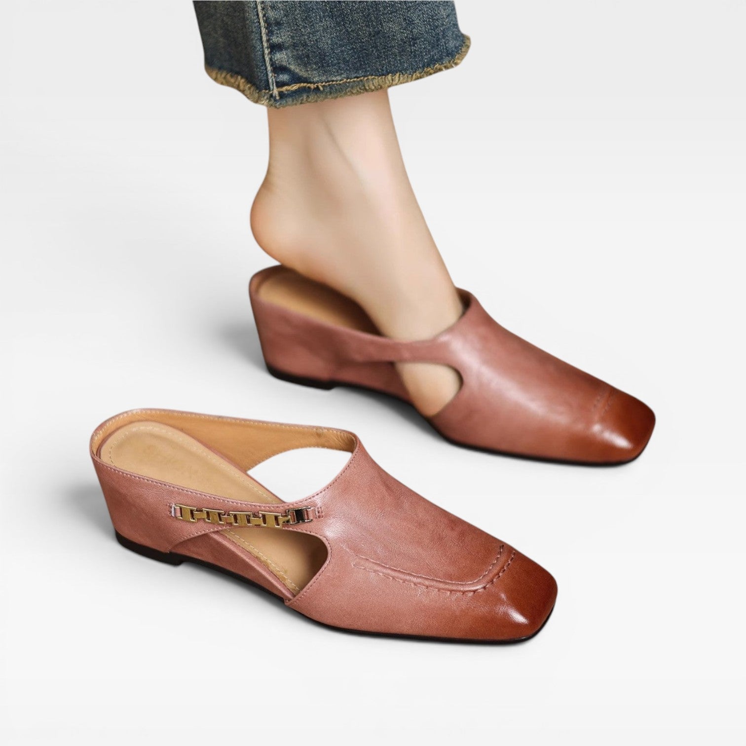 Square Toe Leather Mules, Gold Chain Low Heel Slip On