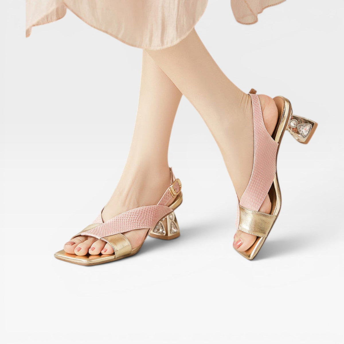Sculpted Crystal Heel Leather Sandals, Slingback Pumps