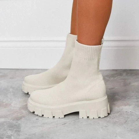 Stretch Knit Sock Ankle Boots, Slip On Heeled Booties