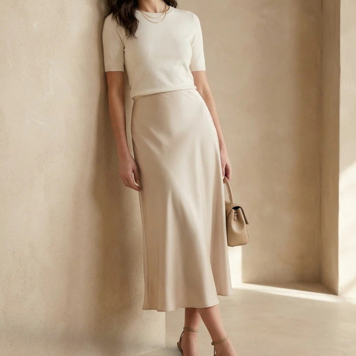 High Waist Silk Midi Skirt, Draped Beige Flowing Cut
