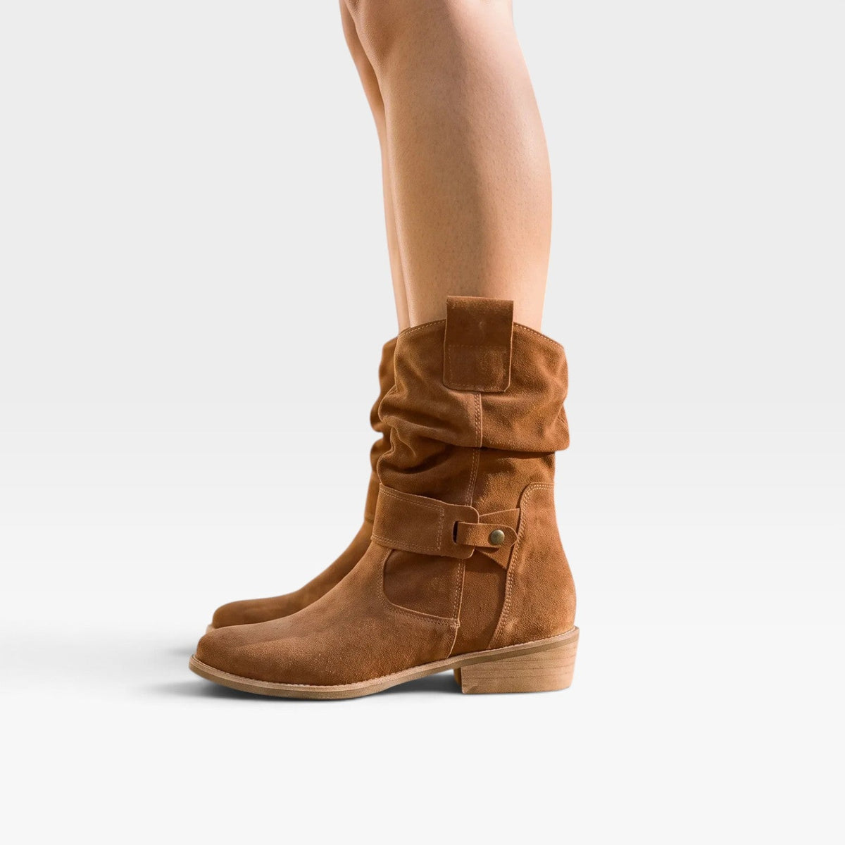 Boho Suede Ankle Boots, Tab Strap and Low Block Heel