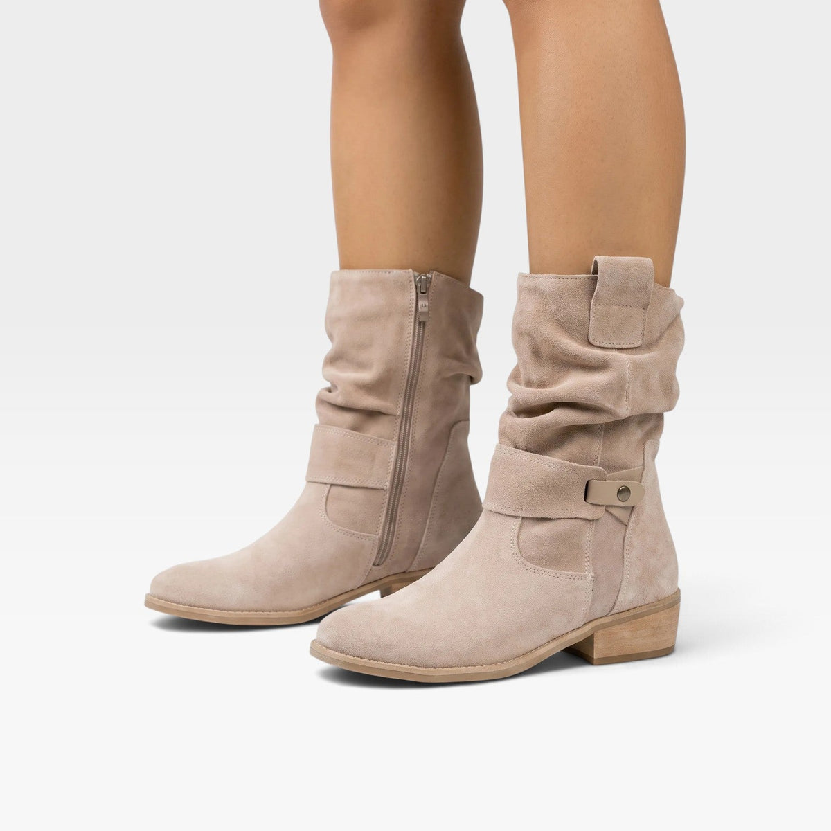 Boho Suede Ankle Boots, Tab Strap and Low Block Heel