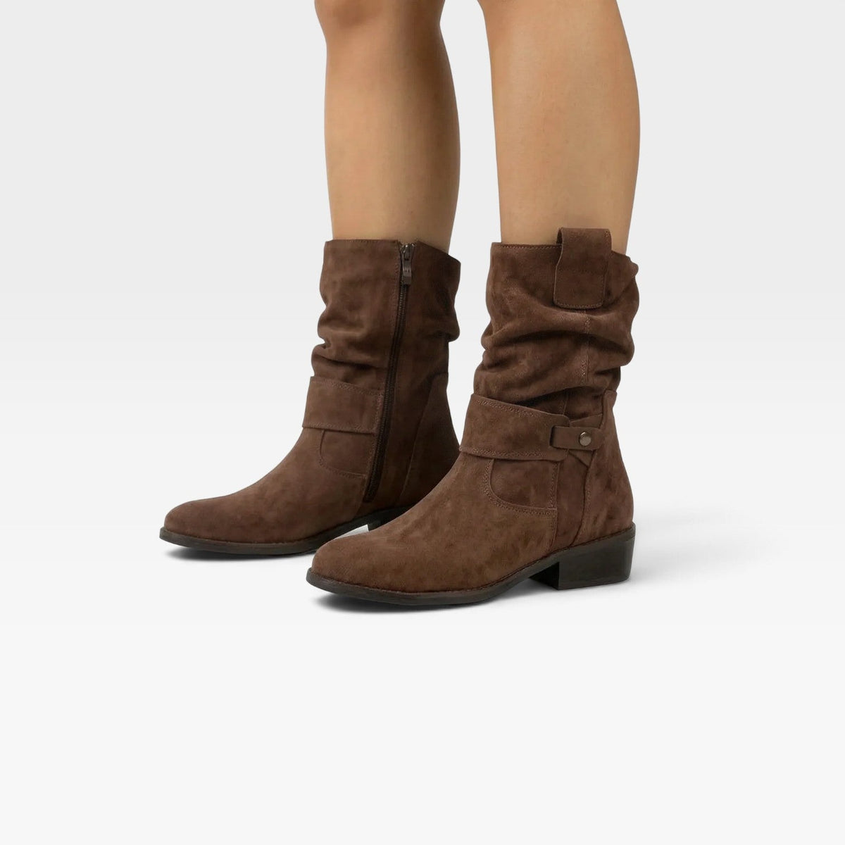 Boho Suede Ankle Boots, Tab Strap and Low Block Heel