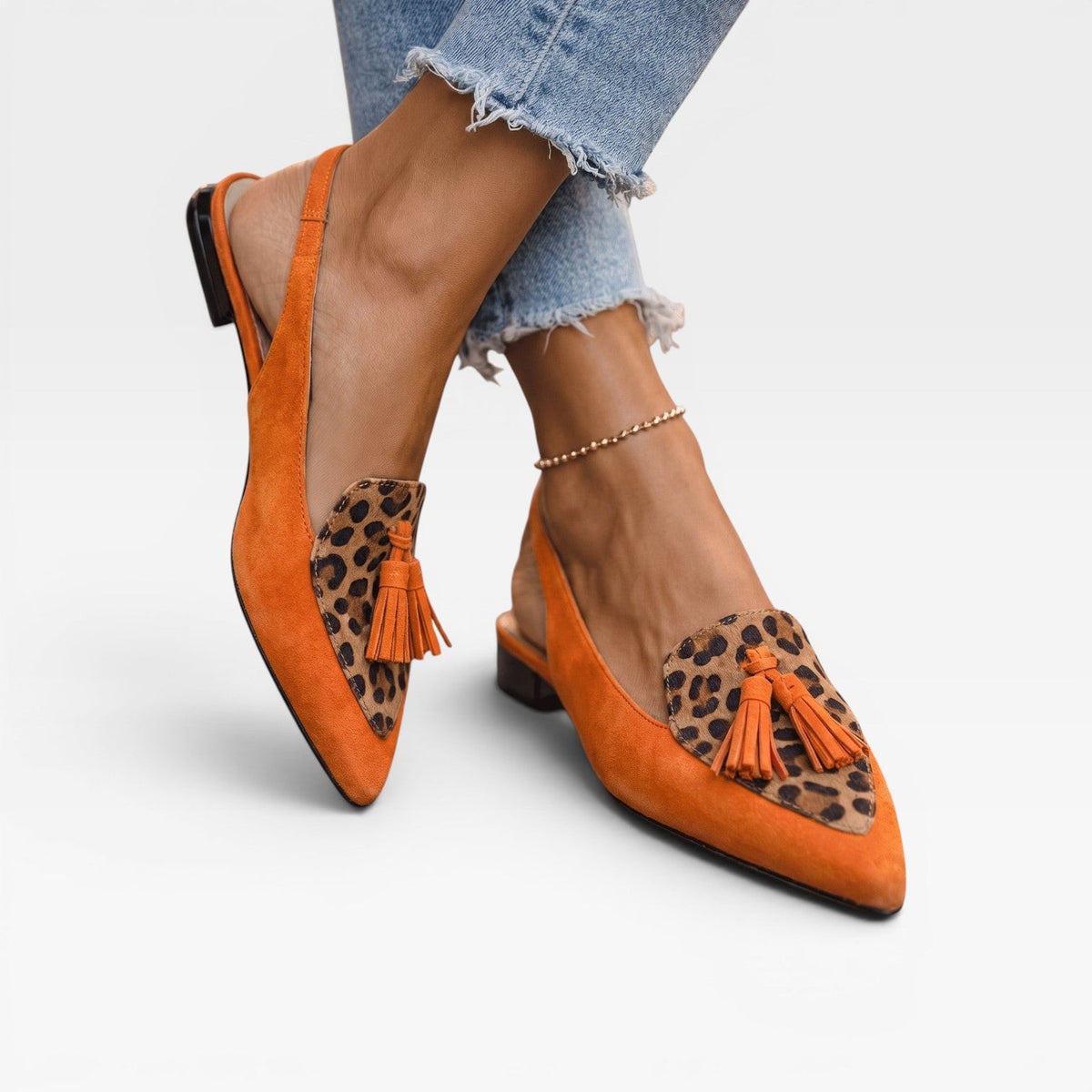 Color Block Slingback Flats, Suede Tassel Pointed Toe
