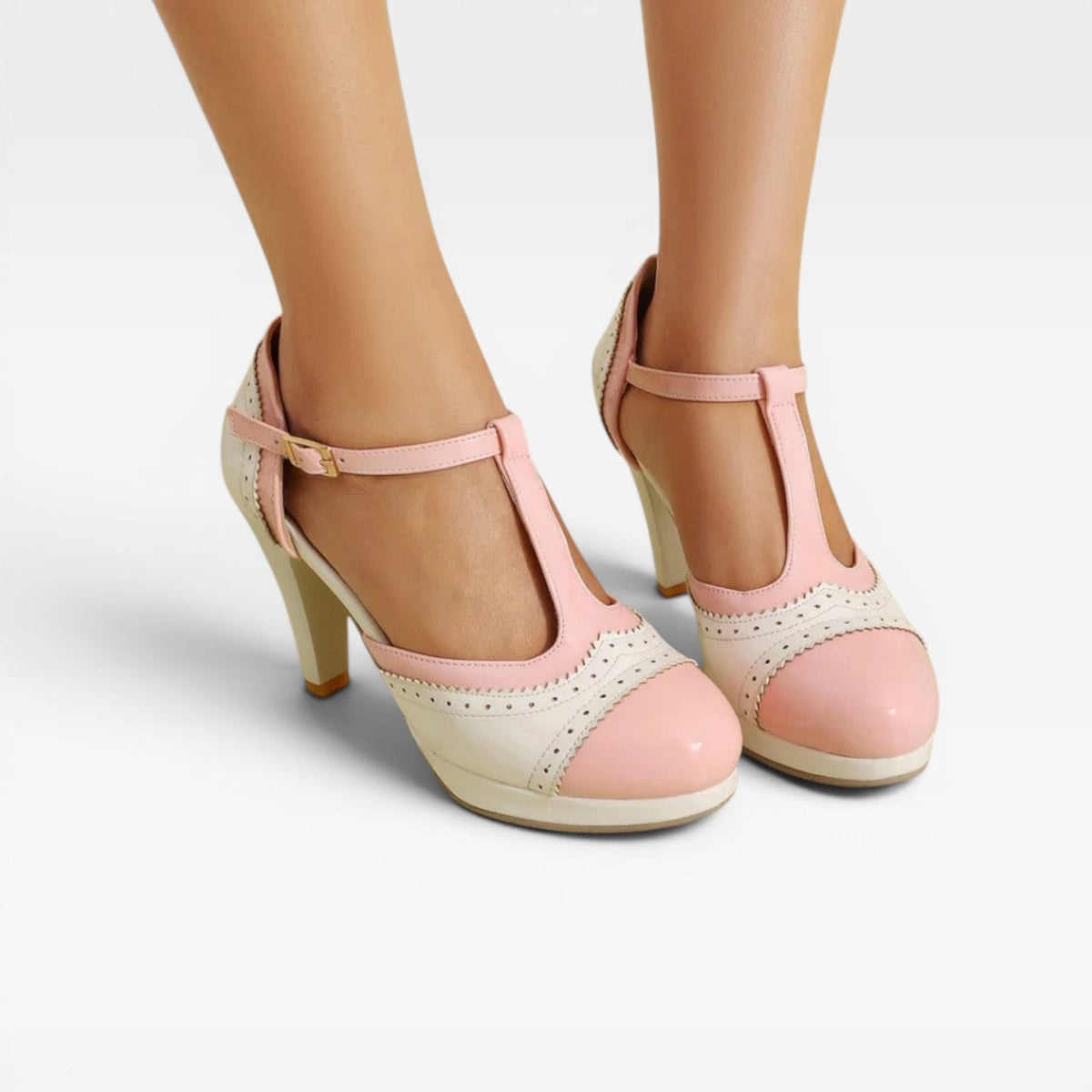 Two Tone Brogue Mary Jane Pumps, T Strap Block Heel