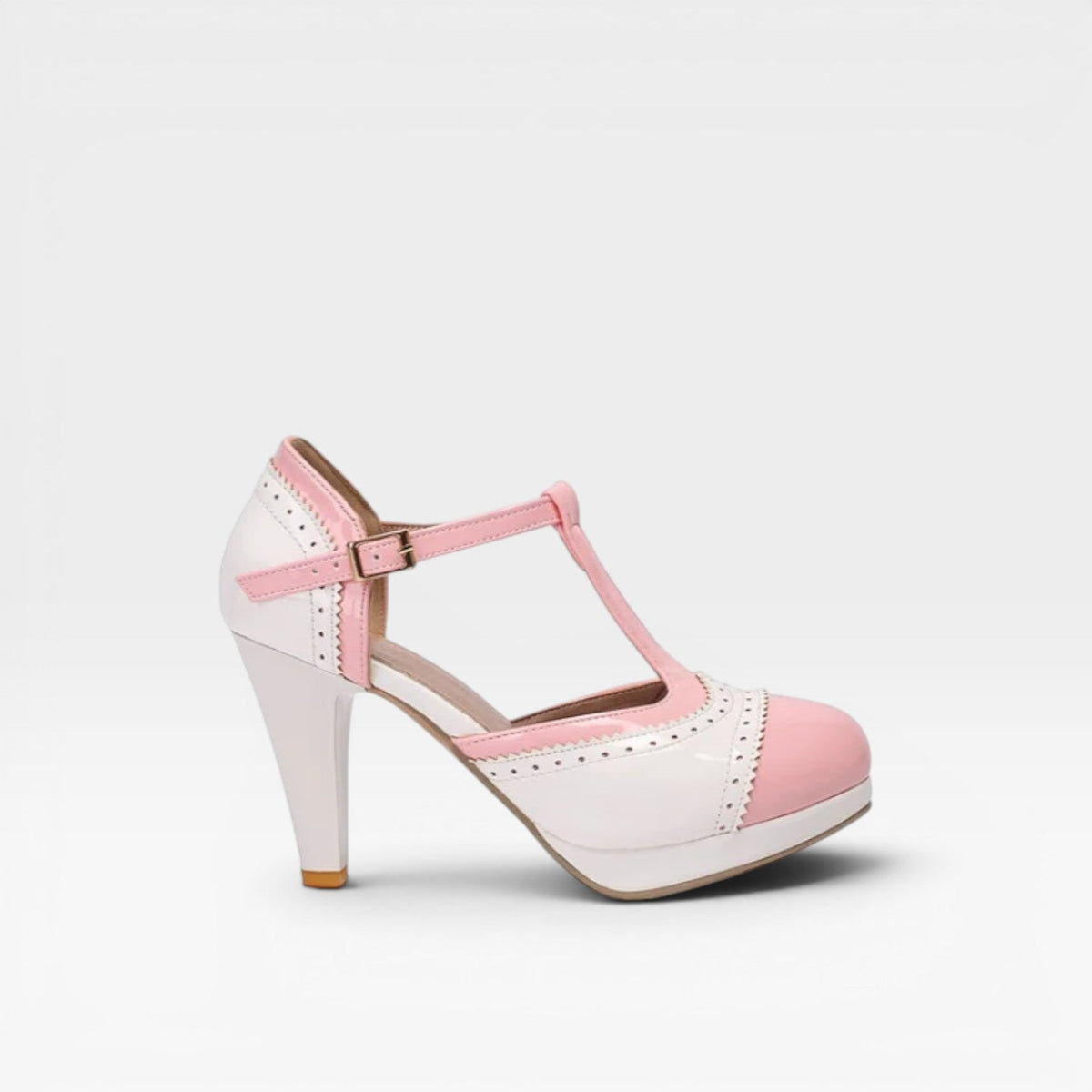 Two Tone Brogue Mary Jane Pumps, T Strap Block Heel