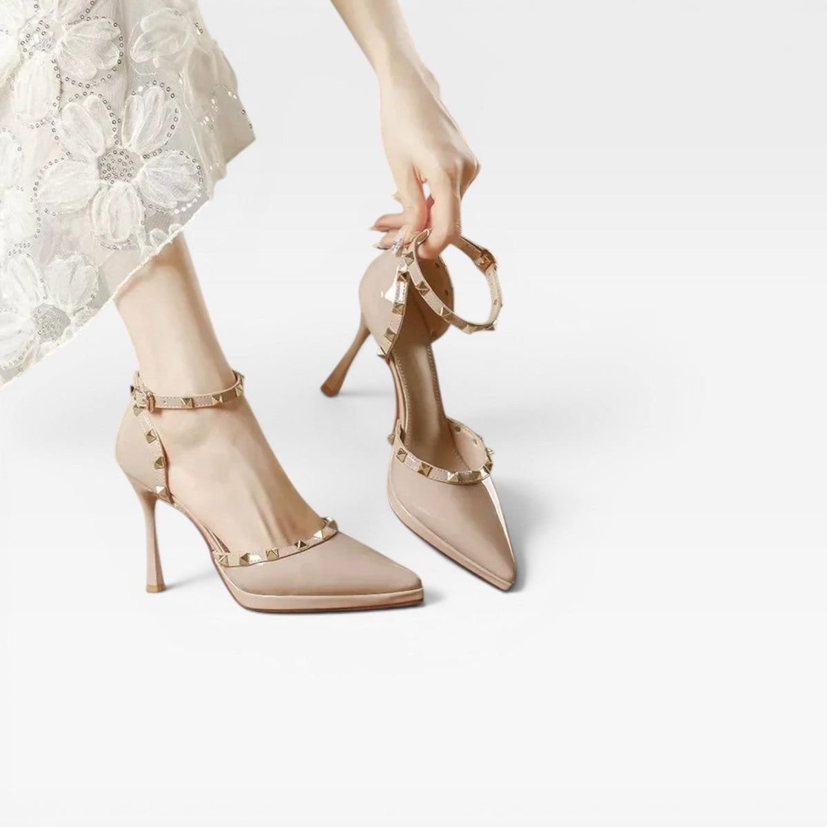 Studded Ankle Strap Stiletto Heels, Pointed Toe Pumps