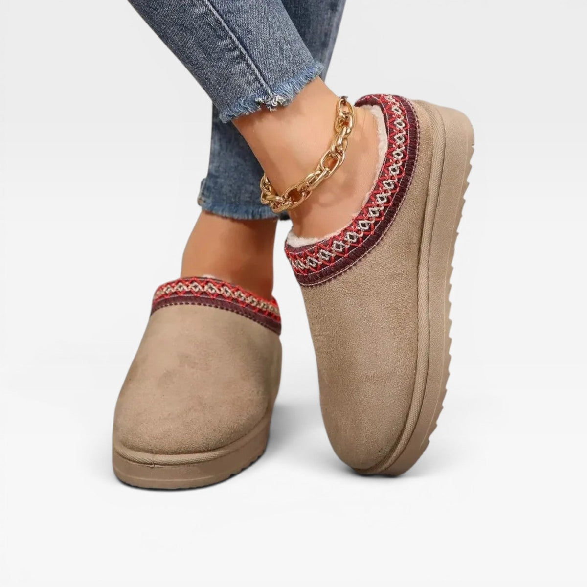 Fleece Lined Platform Mule Clogs, Embroidered Trim