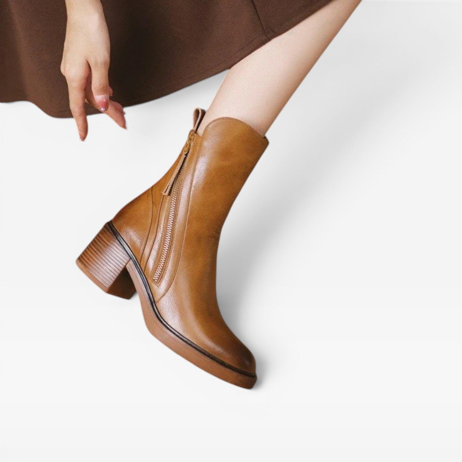 Leather Ankle Boots, Pointed Toe Stacked Heel Zip Up