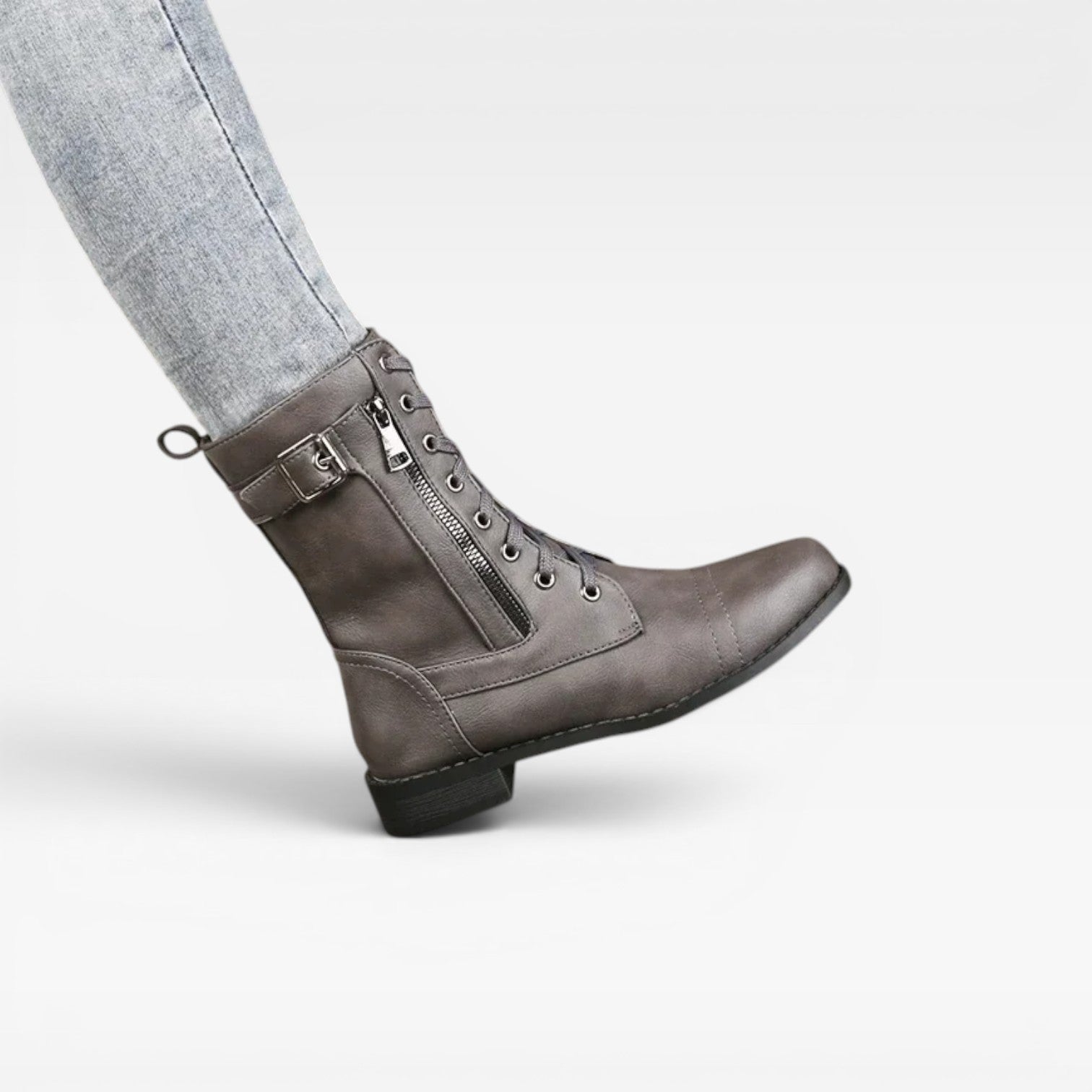 Lace Up Mid Calf Boots, Distressed Leather Block Heel