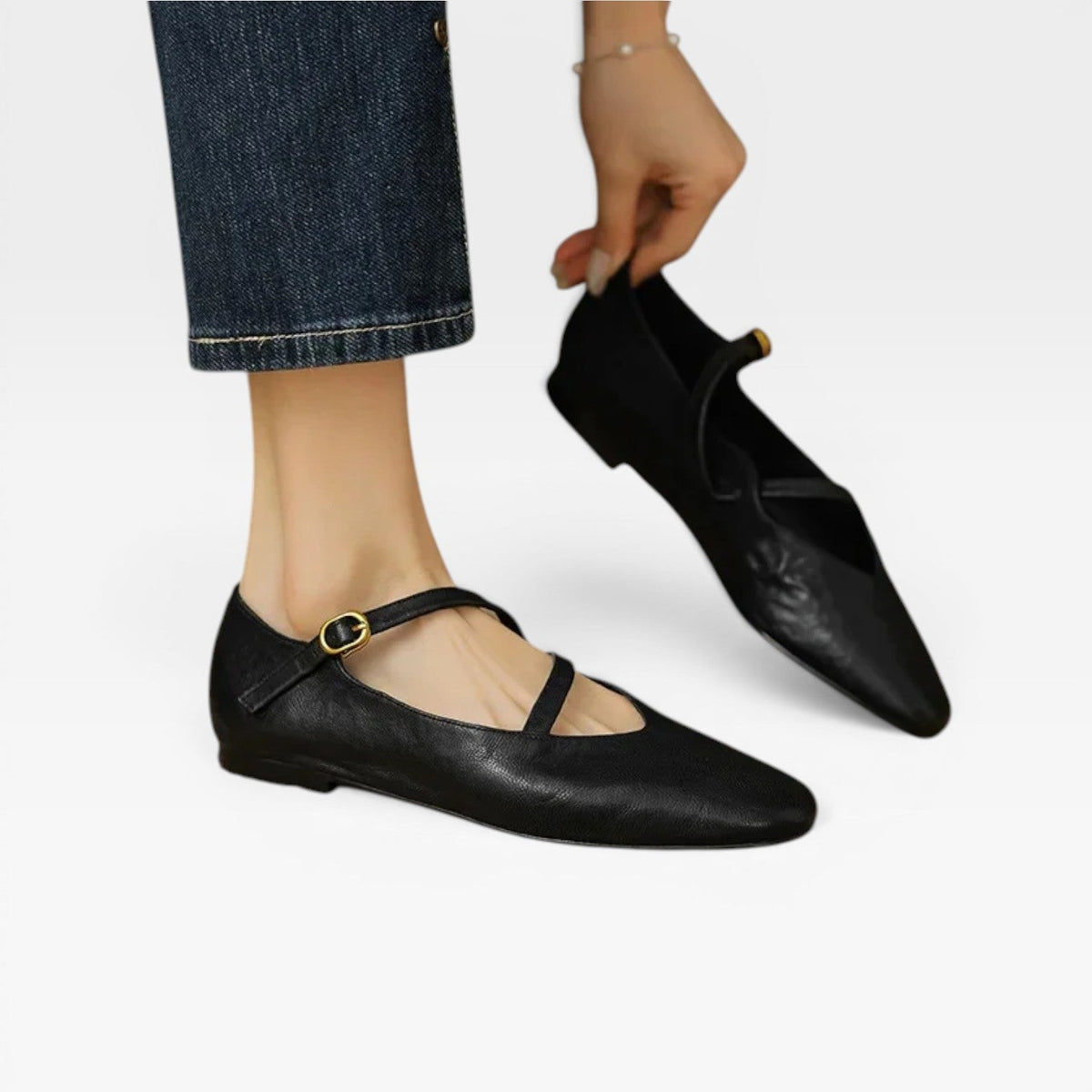 Leather Mary Jane Flats, Round Toe Buckle Strap Shoes