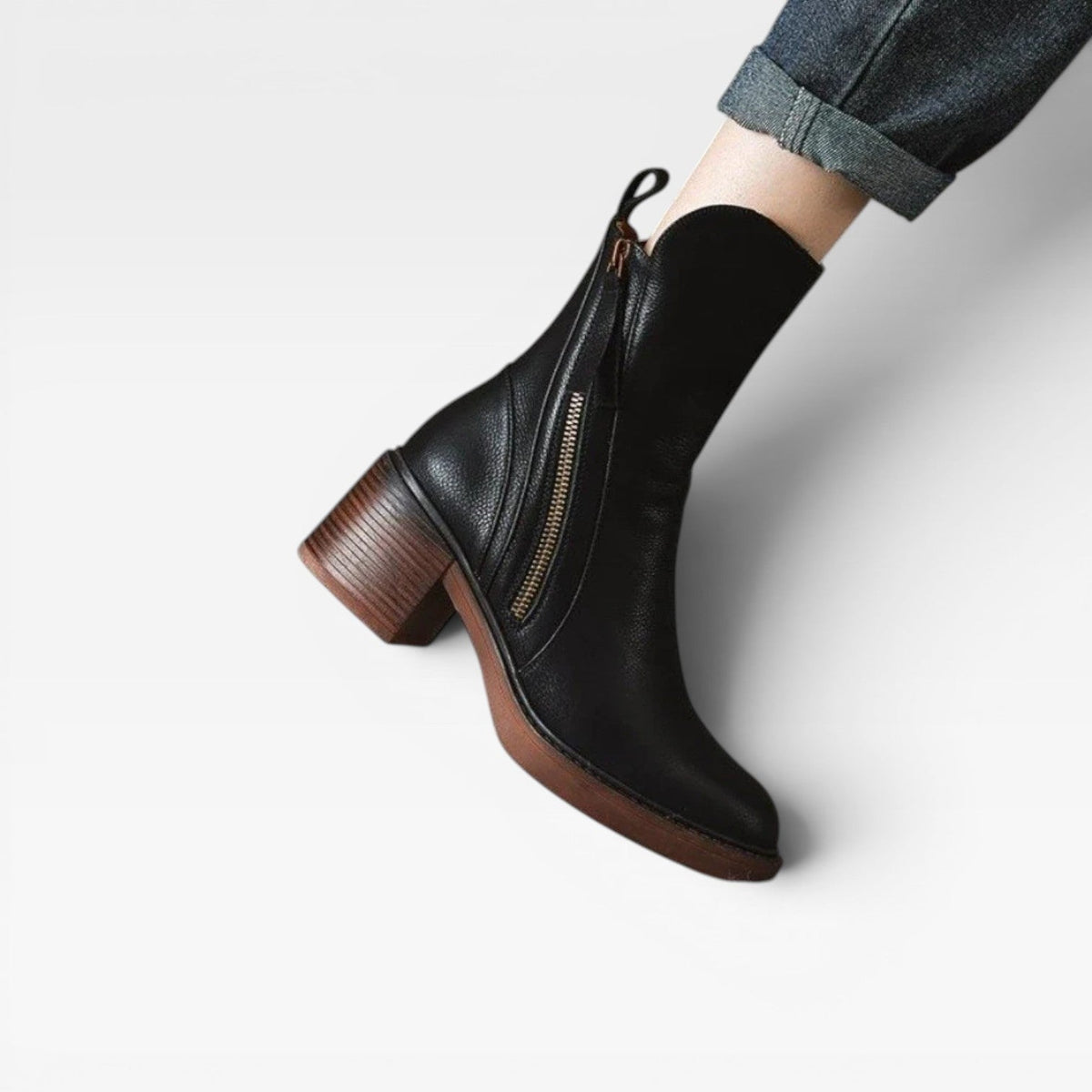Leather Ankle Boots, Pointed Toe Stacked Heel Zip Up