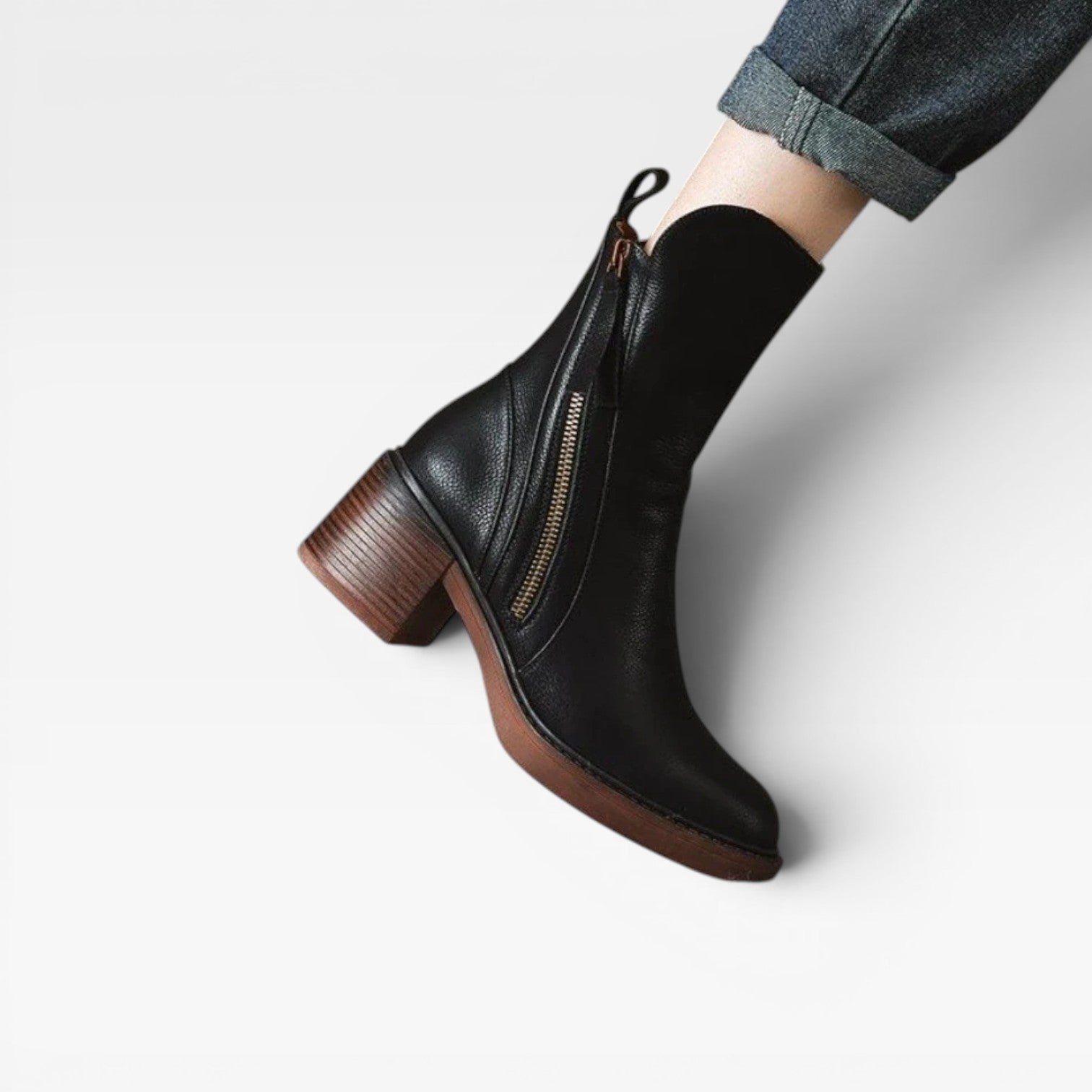Leather Ankle Boots, Pointed Toe Stacked Heel Zip Up