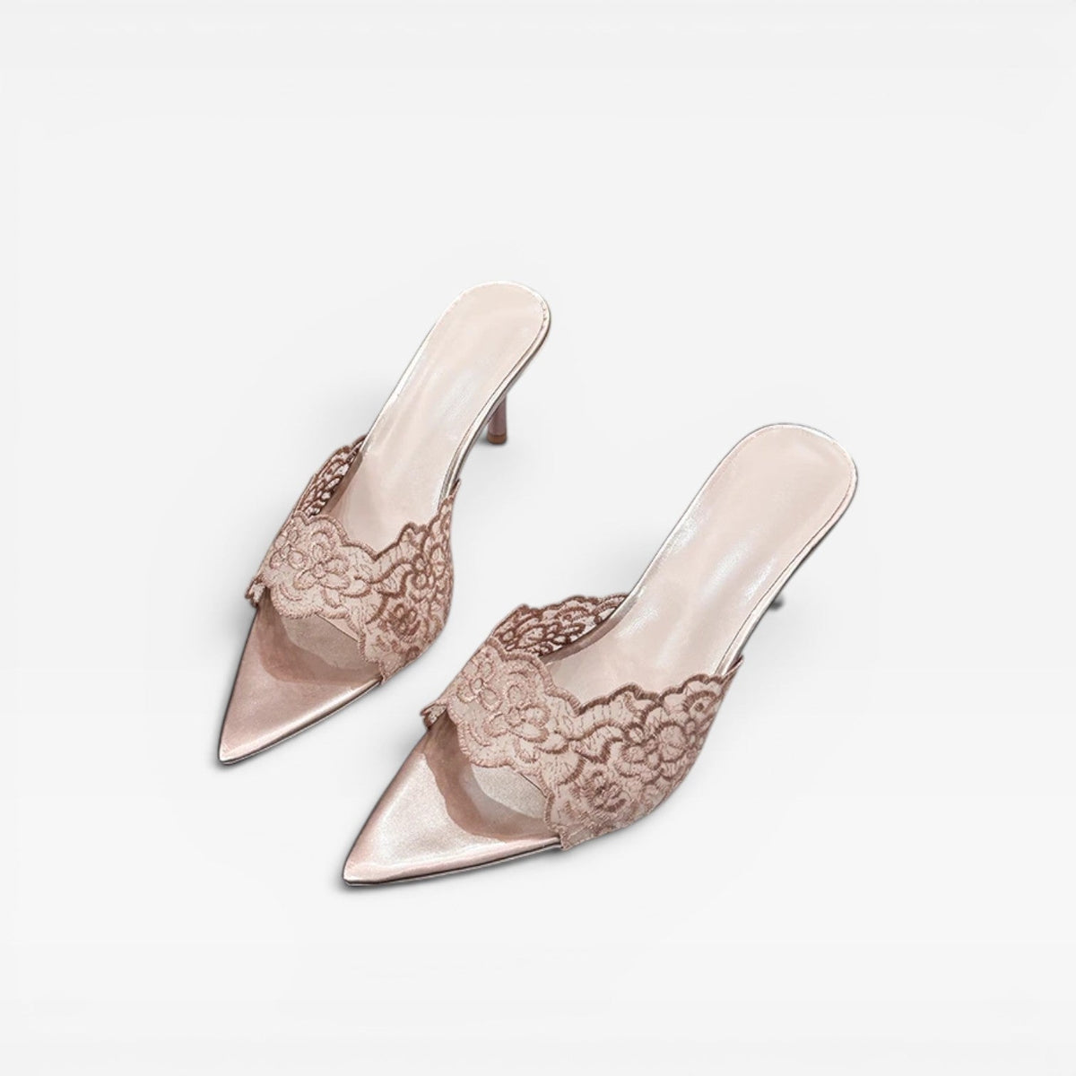 Lace Mule Heels, Scalloped Pointed Toe Mid Stiletto