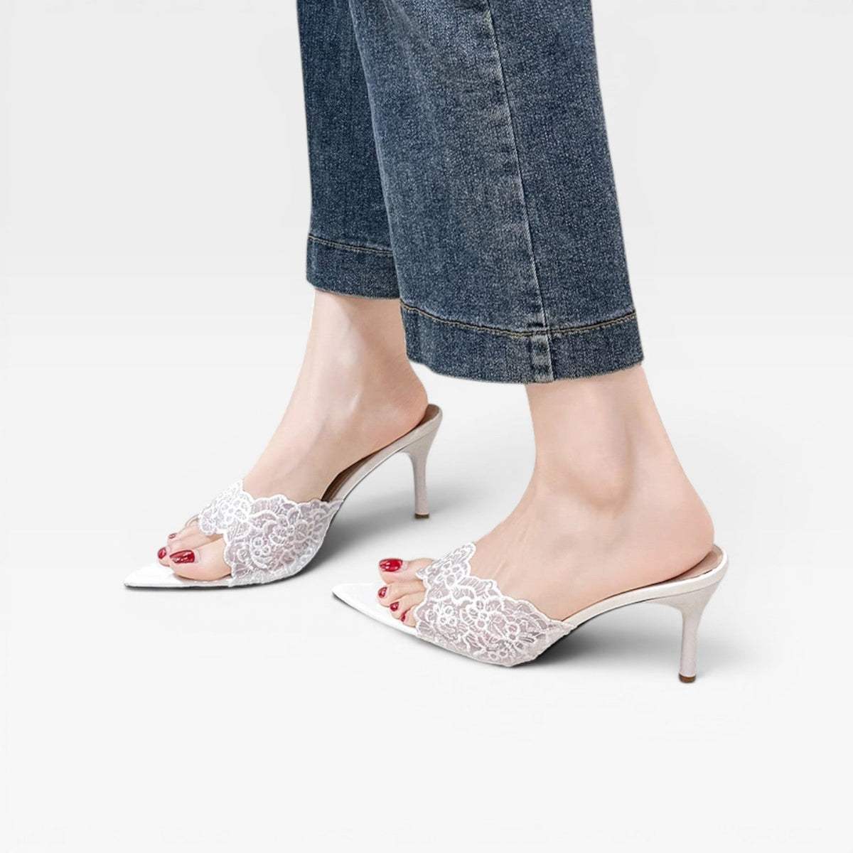 Lace Mule Heels, Scalloped Pointed Toe Mid Stiletto