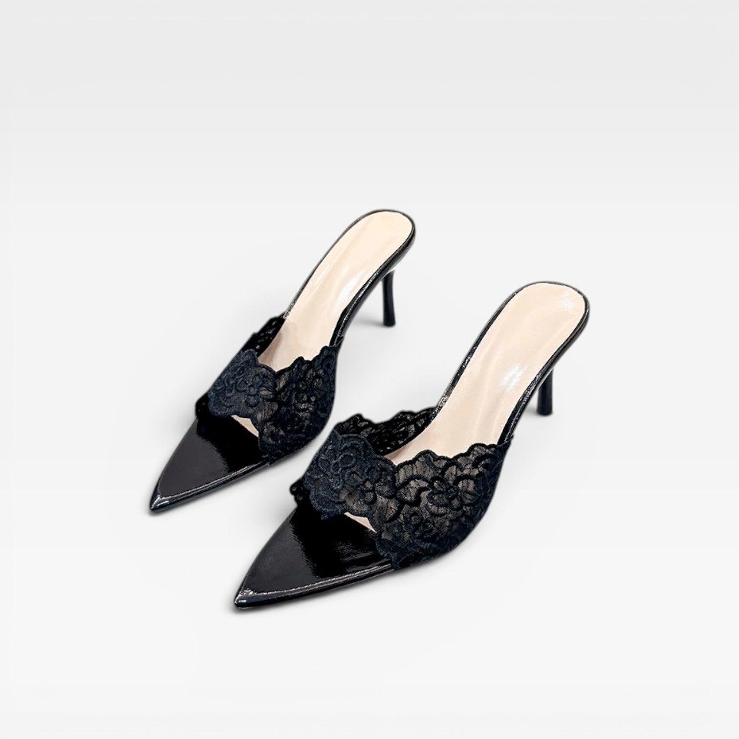 Lace Mule Heels, Scalloped Pointed Toe Mid Stiletto