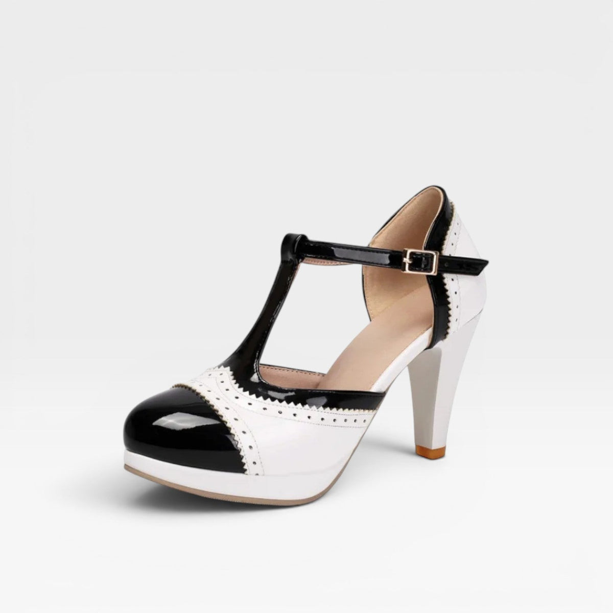 Two Tone Brogue Mary Jane Pumps, T Strap Block Heel