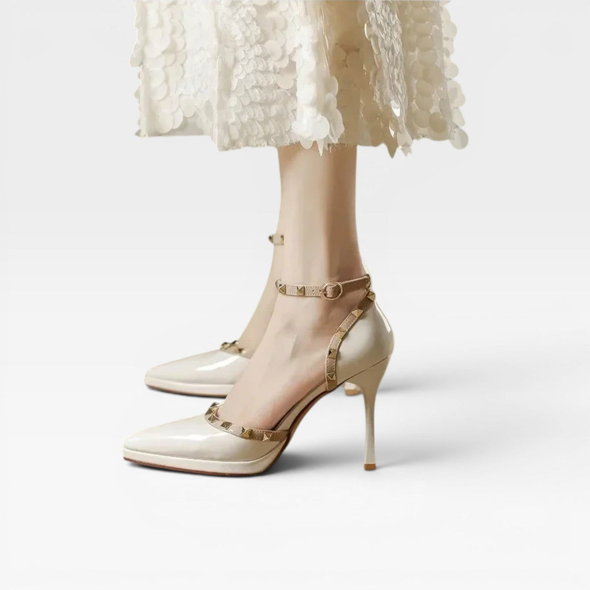 Studded Ankle Strap Stiletto Heels, Pointed Toe Pumps