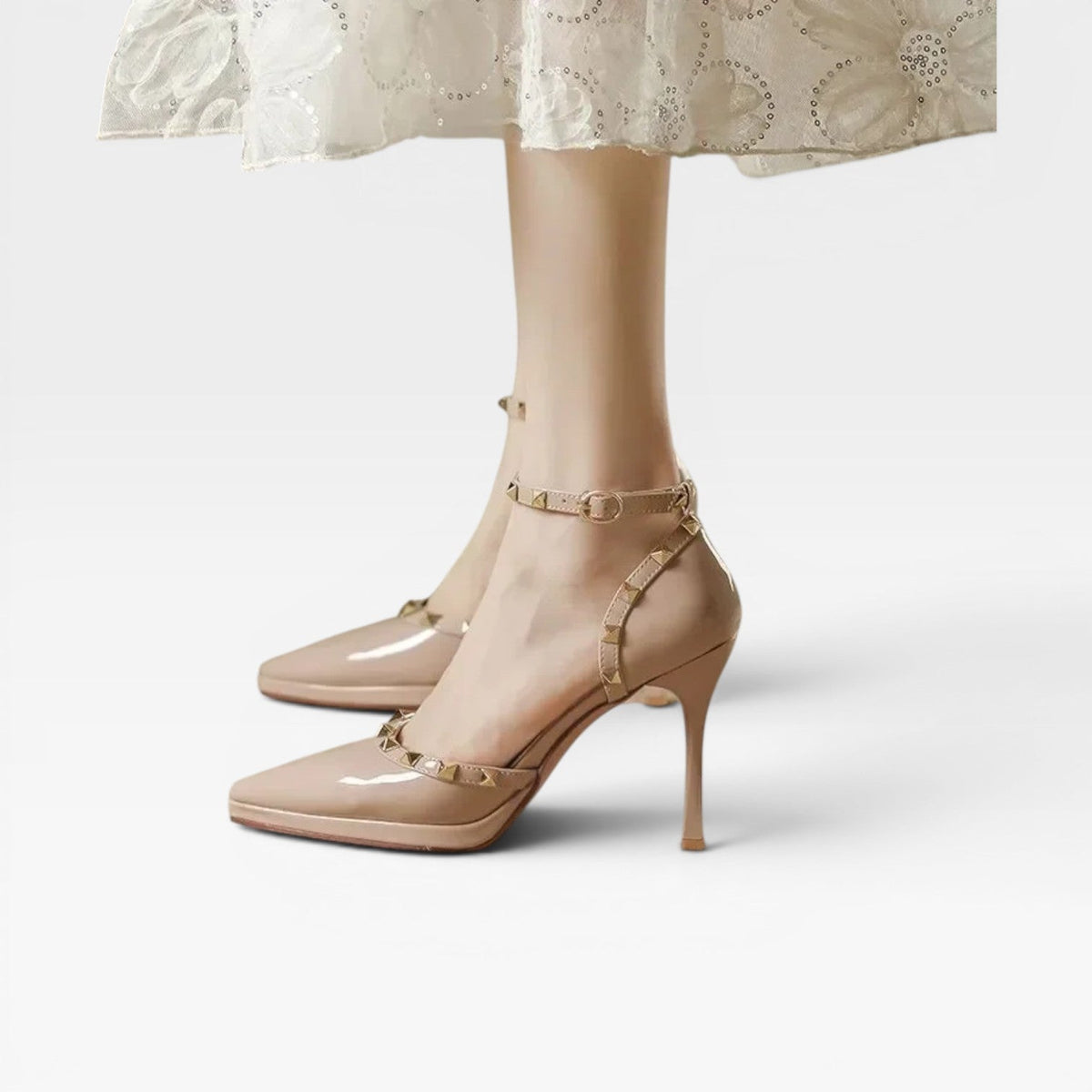 Studded Ankle Strap Stiletto Heels, Pointed Toe Pumps