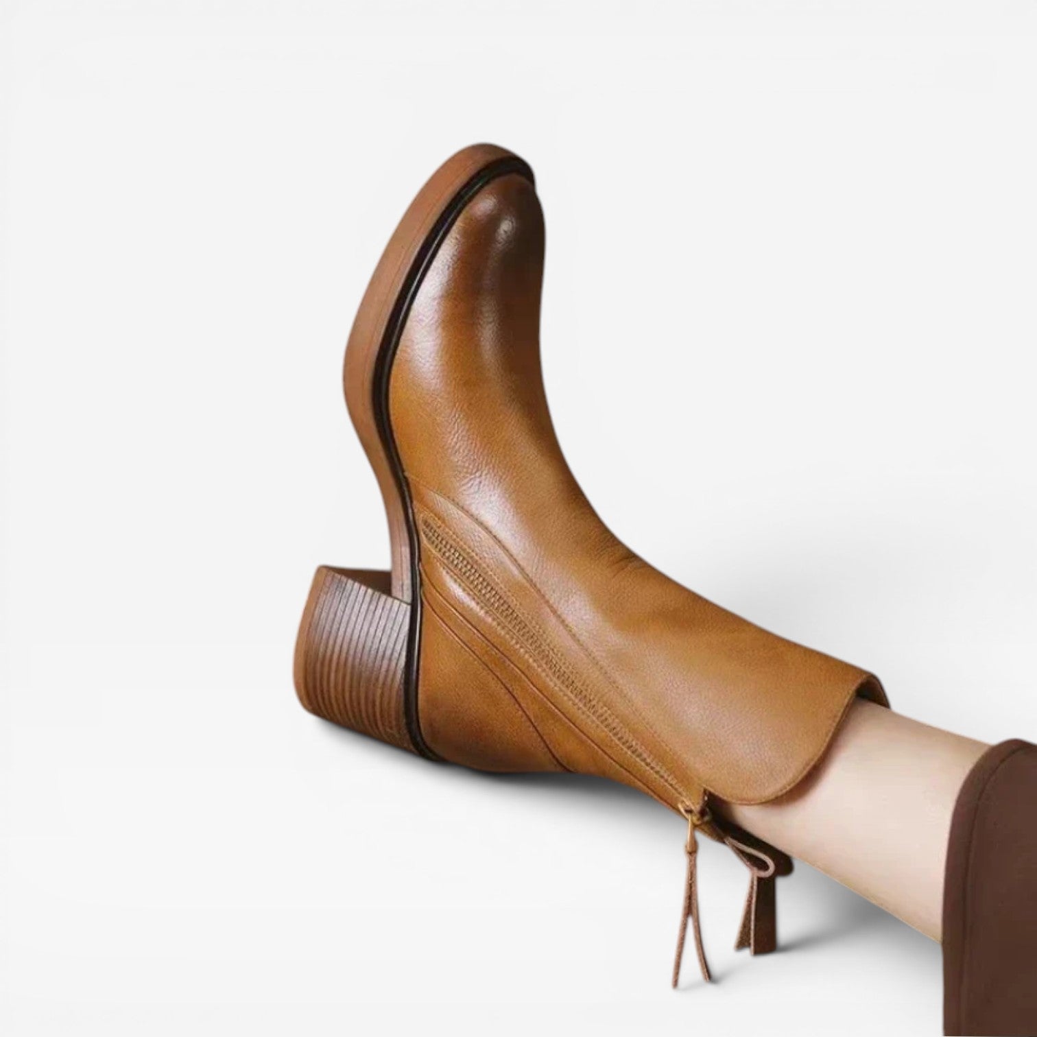Leather Ankle Boots, Pointed Toe Stacked Heel Zip Up
