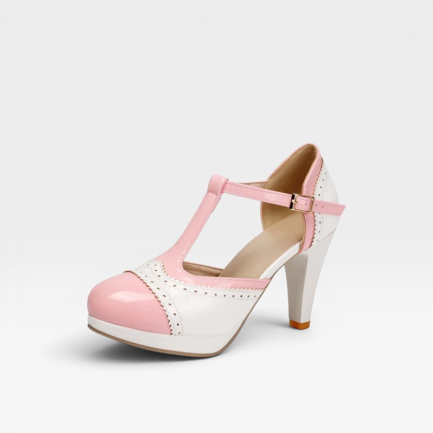 Two Tone Brogue Mary Jane Pumps, T Strap Block Heel
