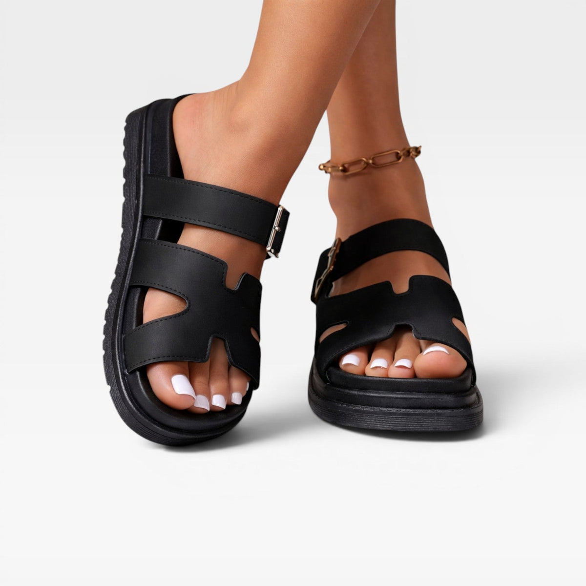 Chunky Platform Sandals, Cross Band Cutout Buckle Strap