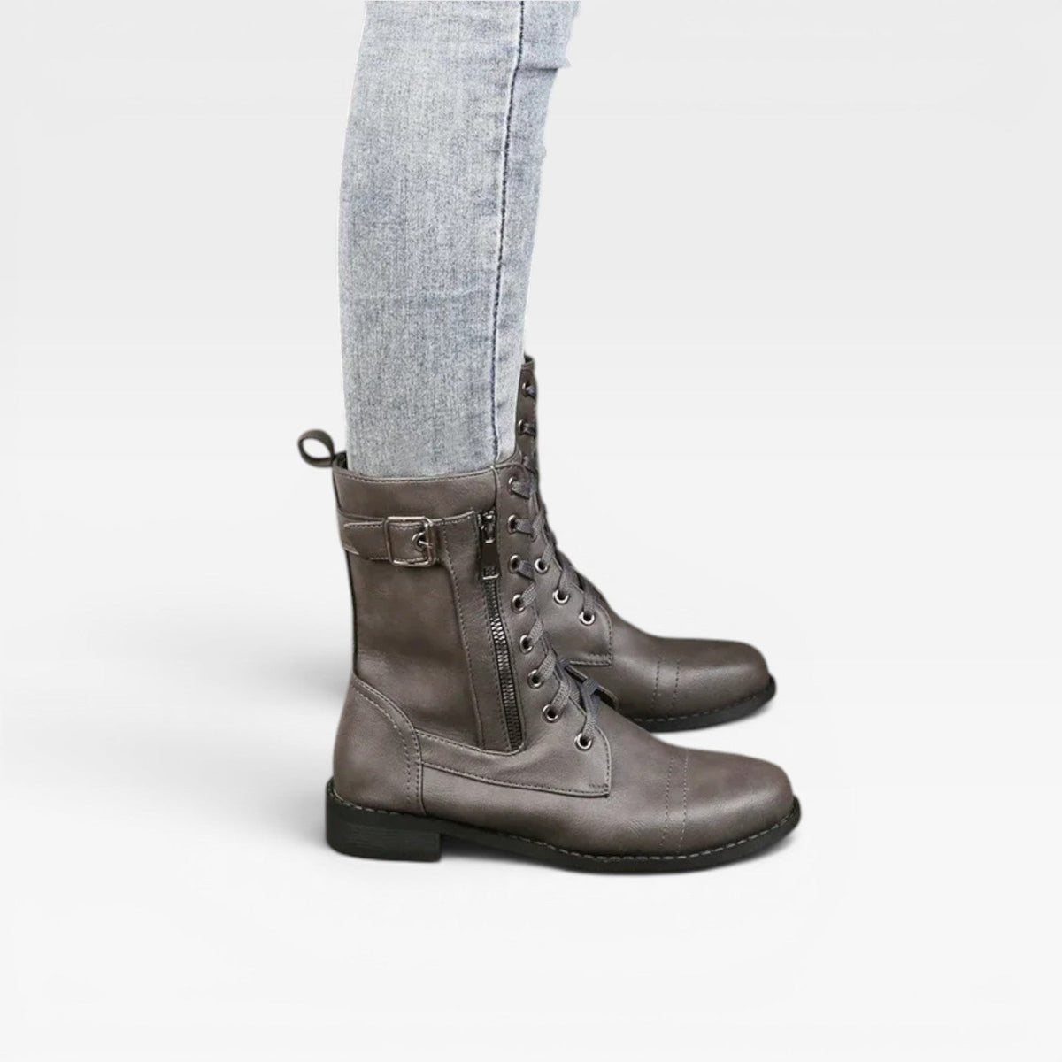Lace Up Mid Calf Boots, Distressed Leather Block Heel