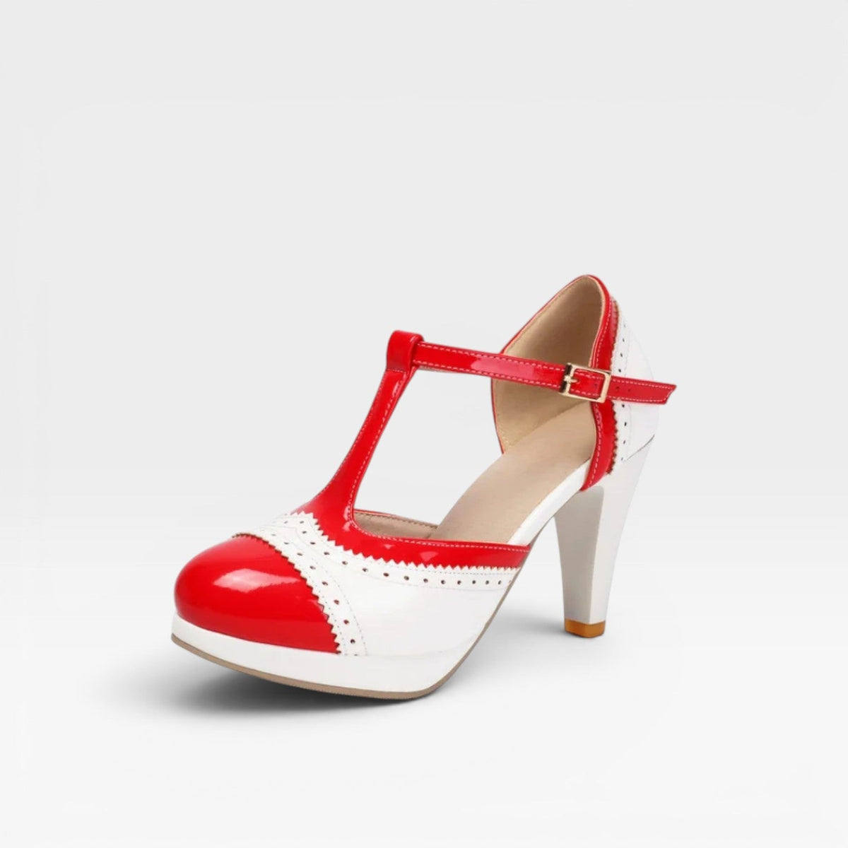 Two Tone Brogue Mary Jane Pumps, T Strap Block Heel