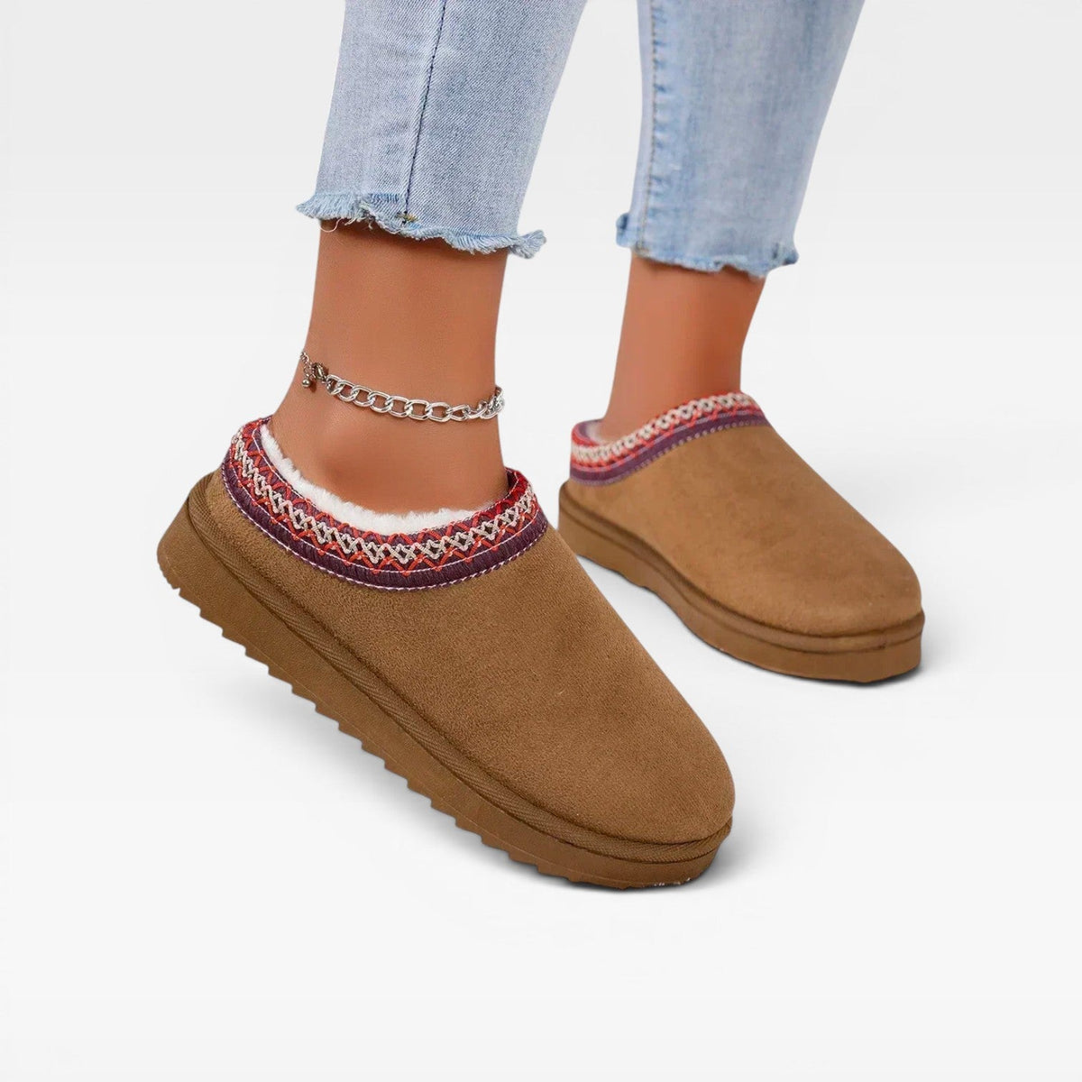 Fleece Lined Platform Mule Clogs, Embroidered Trim
