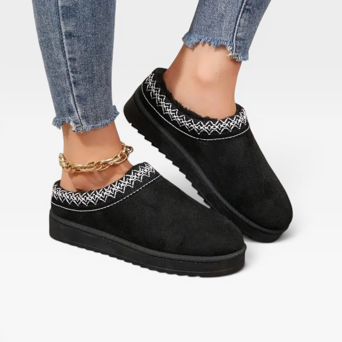 Fleece Lined Platform Mule Clogs, Embroidered Trim