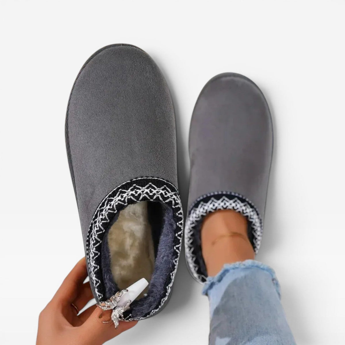 Fleece Lined Platform Mule Clogs, Embroidered Trim