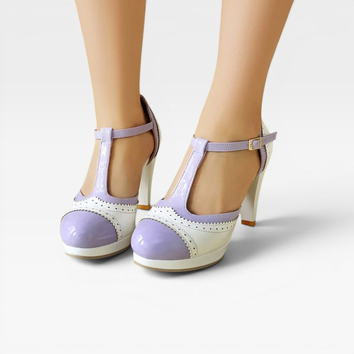 Two Tone Brogue Mary Jane Pumps, T Strap Block Heel