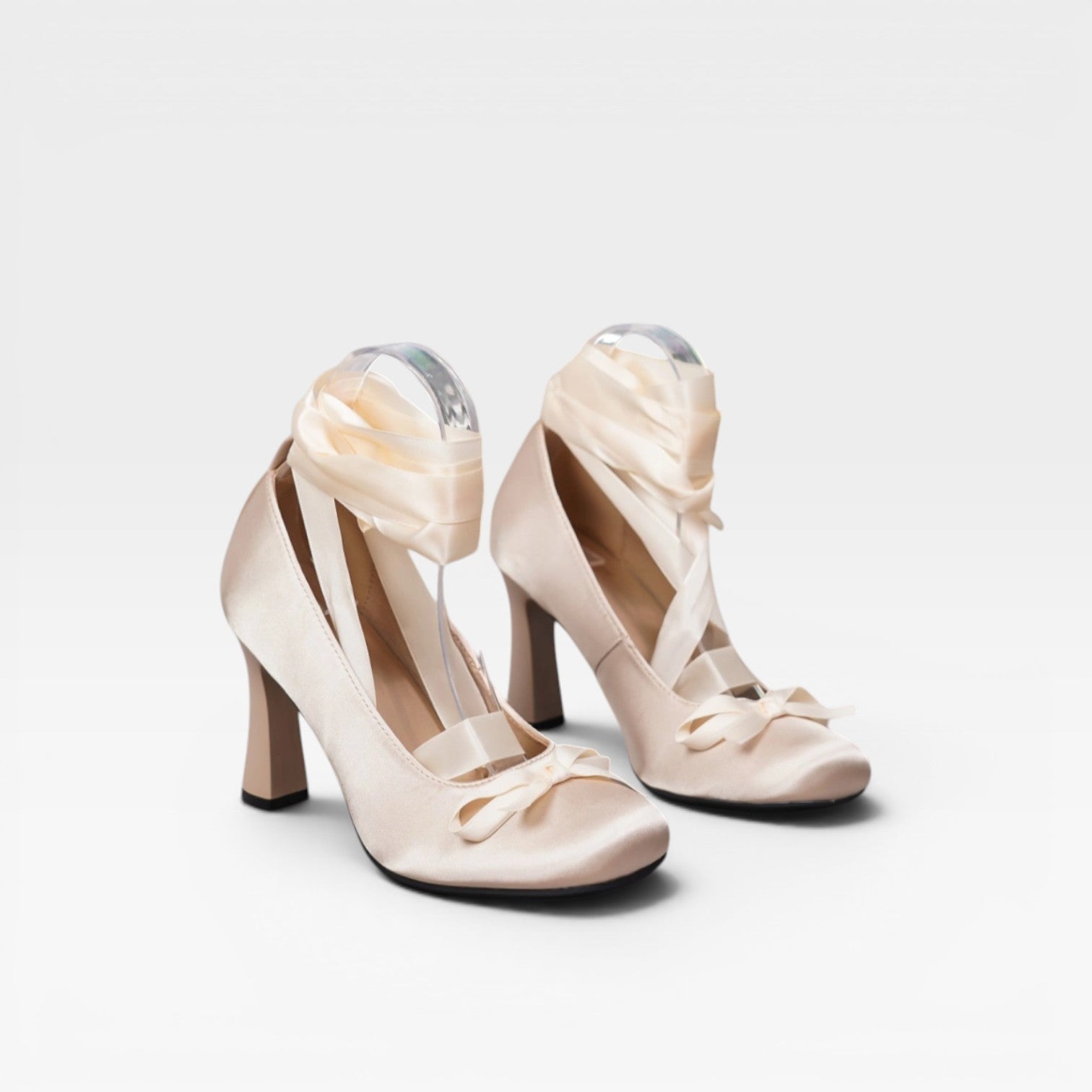 Satin Ballet Pumps, Ribbon Lace Up Block Heel Bow Shoes