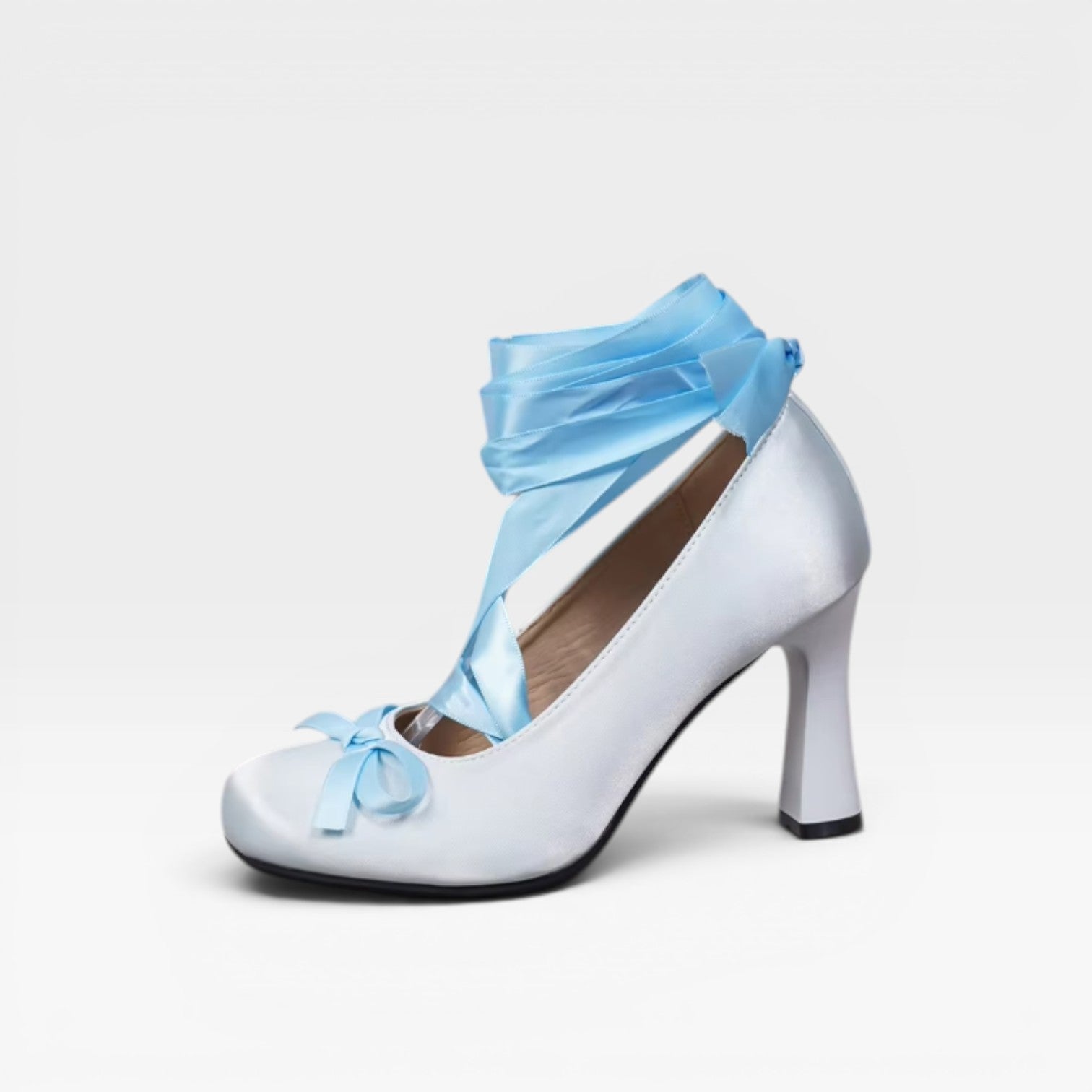 Satin Ballet Pumps, Ribbon Lace Up Block Heel Bow Shoes