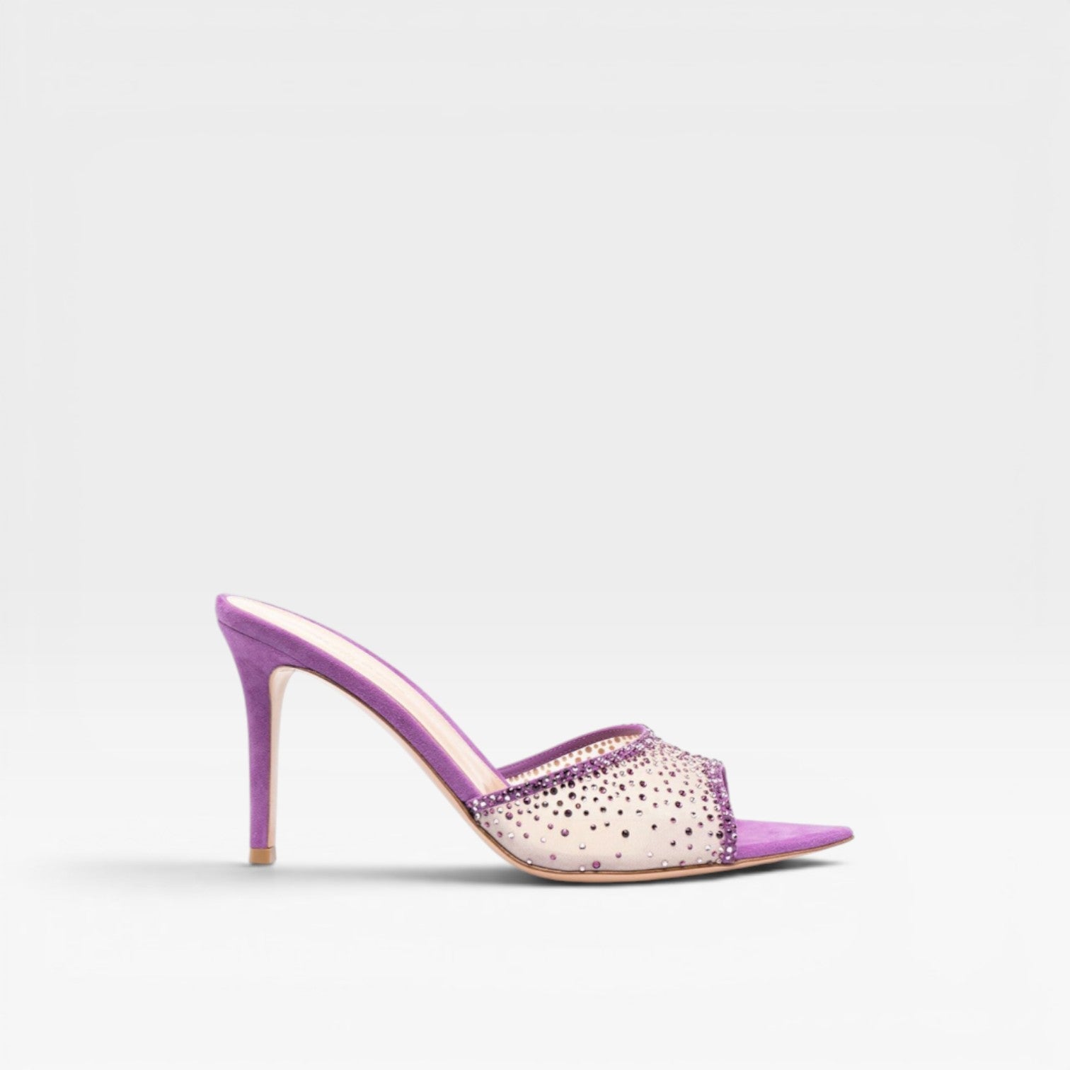 Crystal Suede Mule Heels, Pointed Toe Slim Stiletto