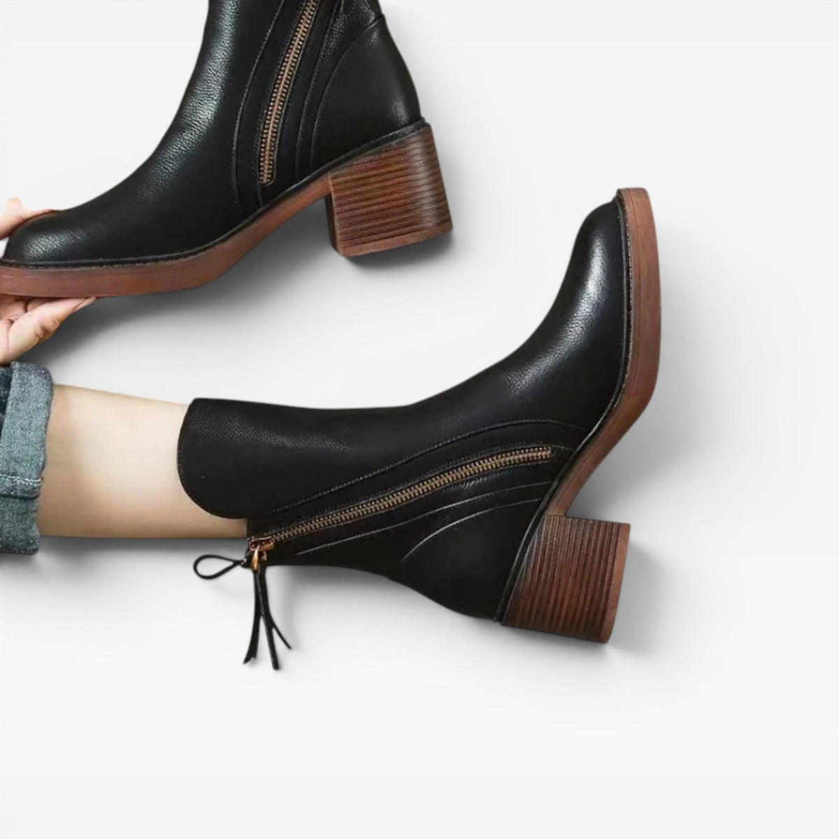 Leather Ankle Boots, Pointed Toe Stacked Heel Zip Up