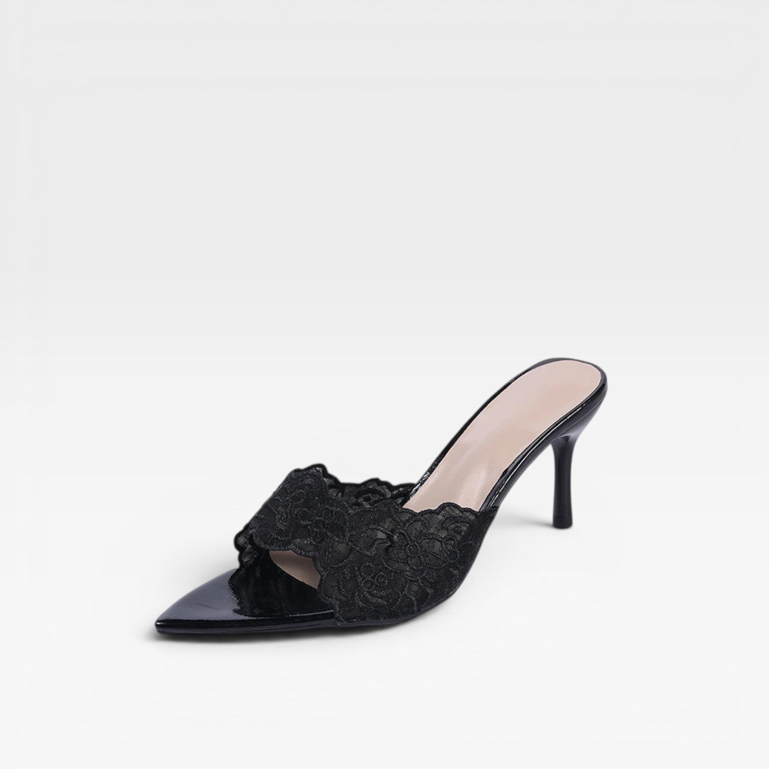 Lace Mule Heels, Scalloped Pointed Toe Mid Stiletto