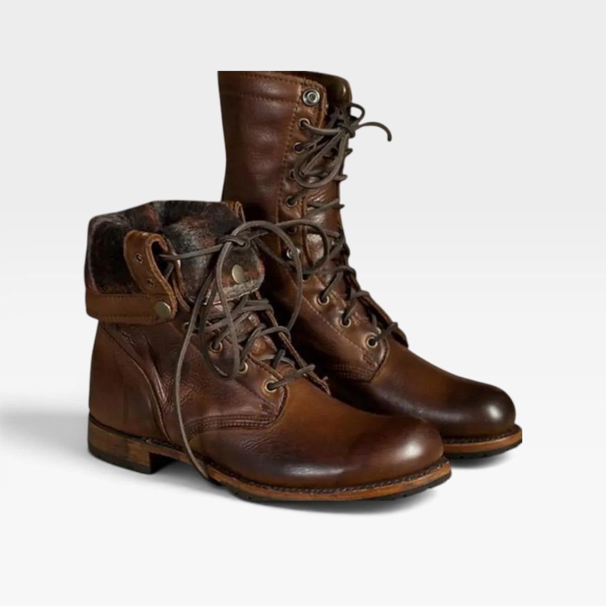 Leather Look Lace-Up Combat Boots, Low Block Rubber Sole