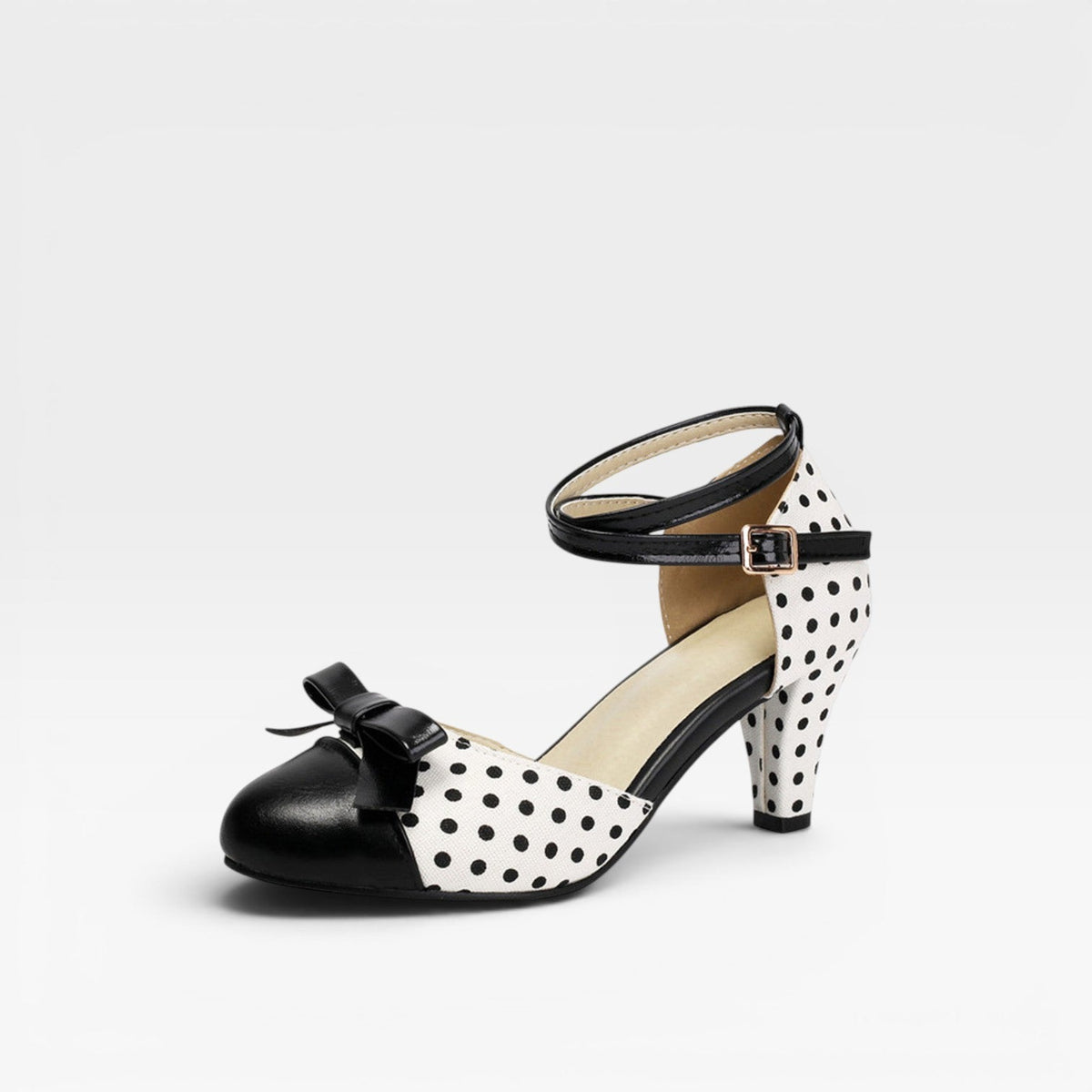 Polka Dot Pumps, Bow Cap Toe Chunky Curved Heel Shoes