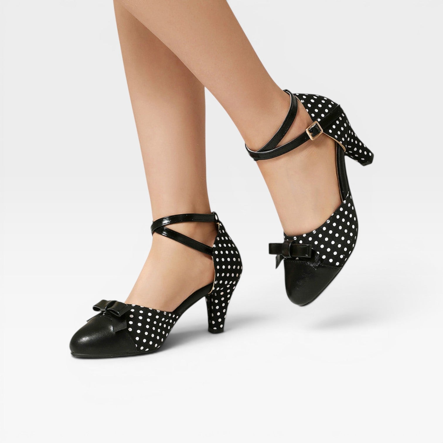 Polka Dot Pumps, Bow Cap Toe Chunky Curved Heel Shoes