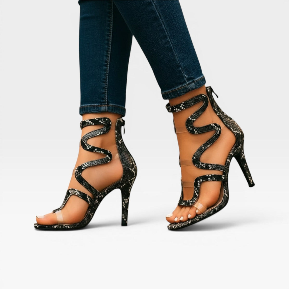 Reptile Print Stiletto Sandals, Spiral Ankle Wrap Heel