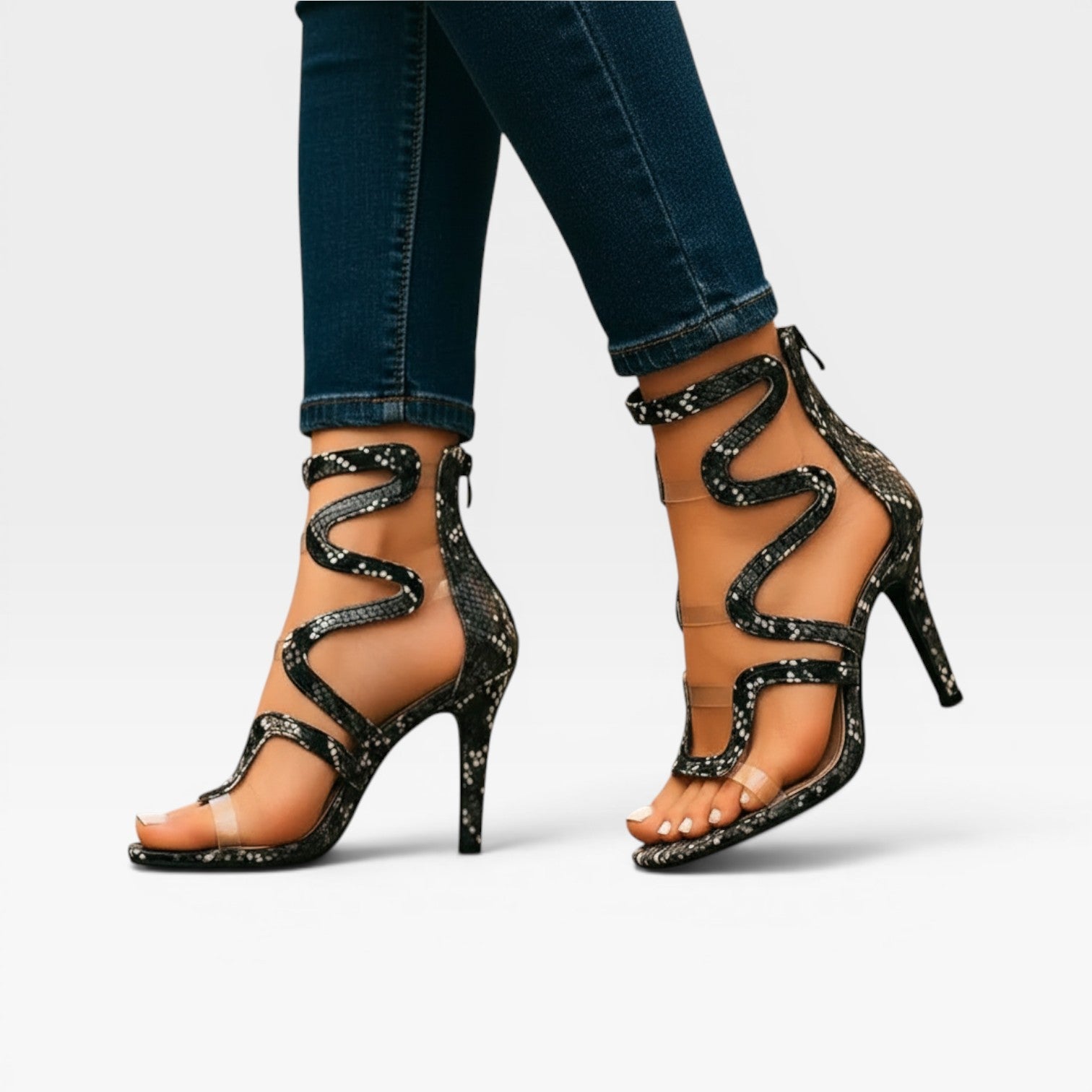 Reptile Print Stiletto Sandals, Spiral Ankle Wrap Heel