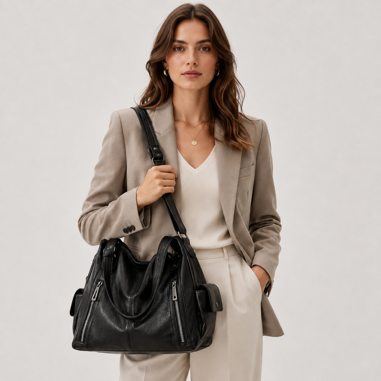 Structured Faux Leather Shoulder Bag, Spacious Purse